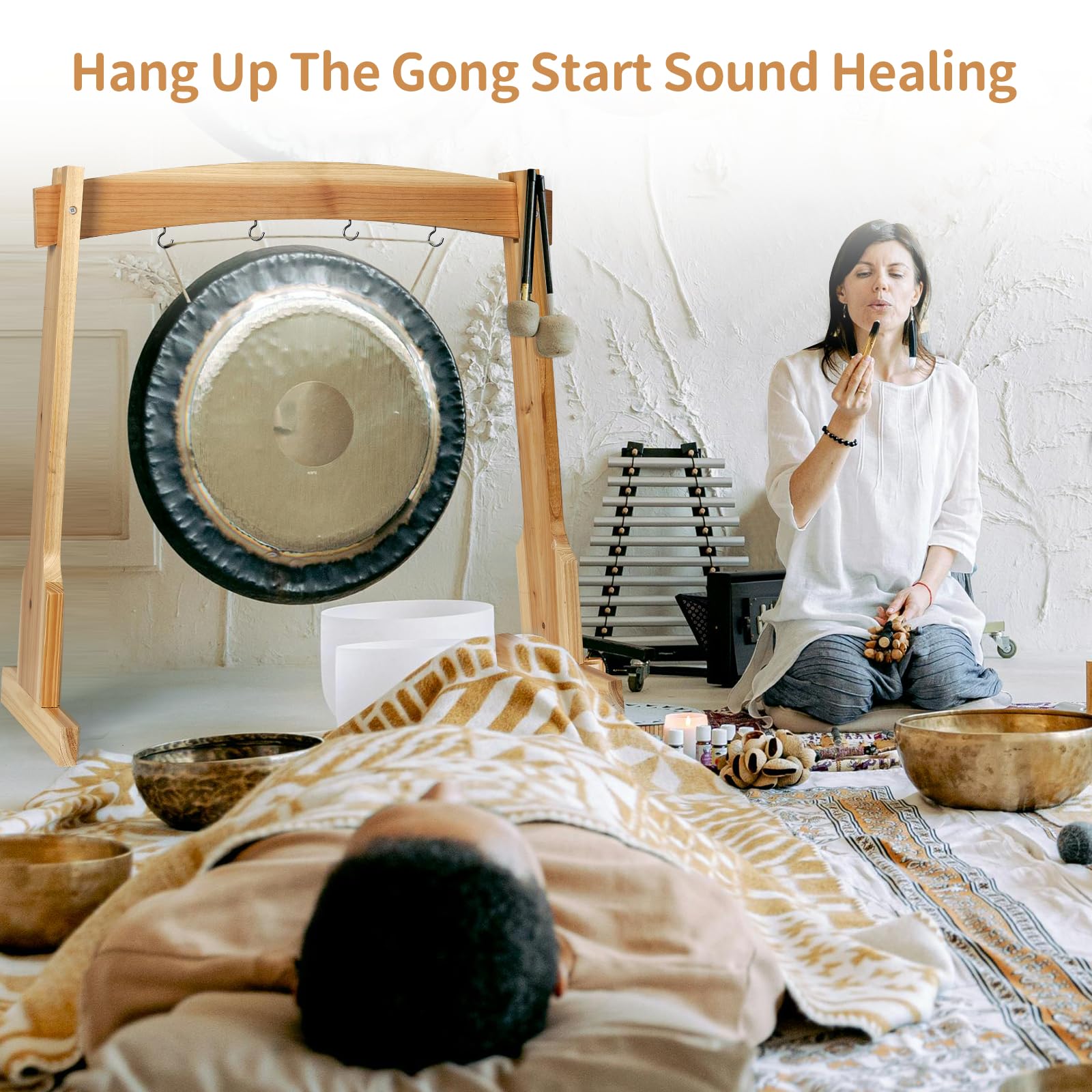 Amcortn 14″ Gong Stands, Wind Chimes Wood Stand with Base for 1 Gong or 4 Chimes, Light & Portable Multipurpose Stand, Easy Assembly for Sound Healing, Meditation, Yoga