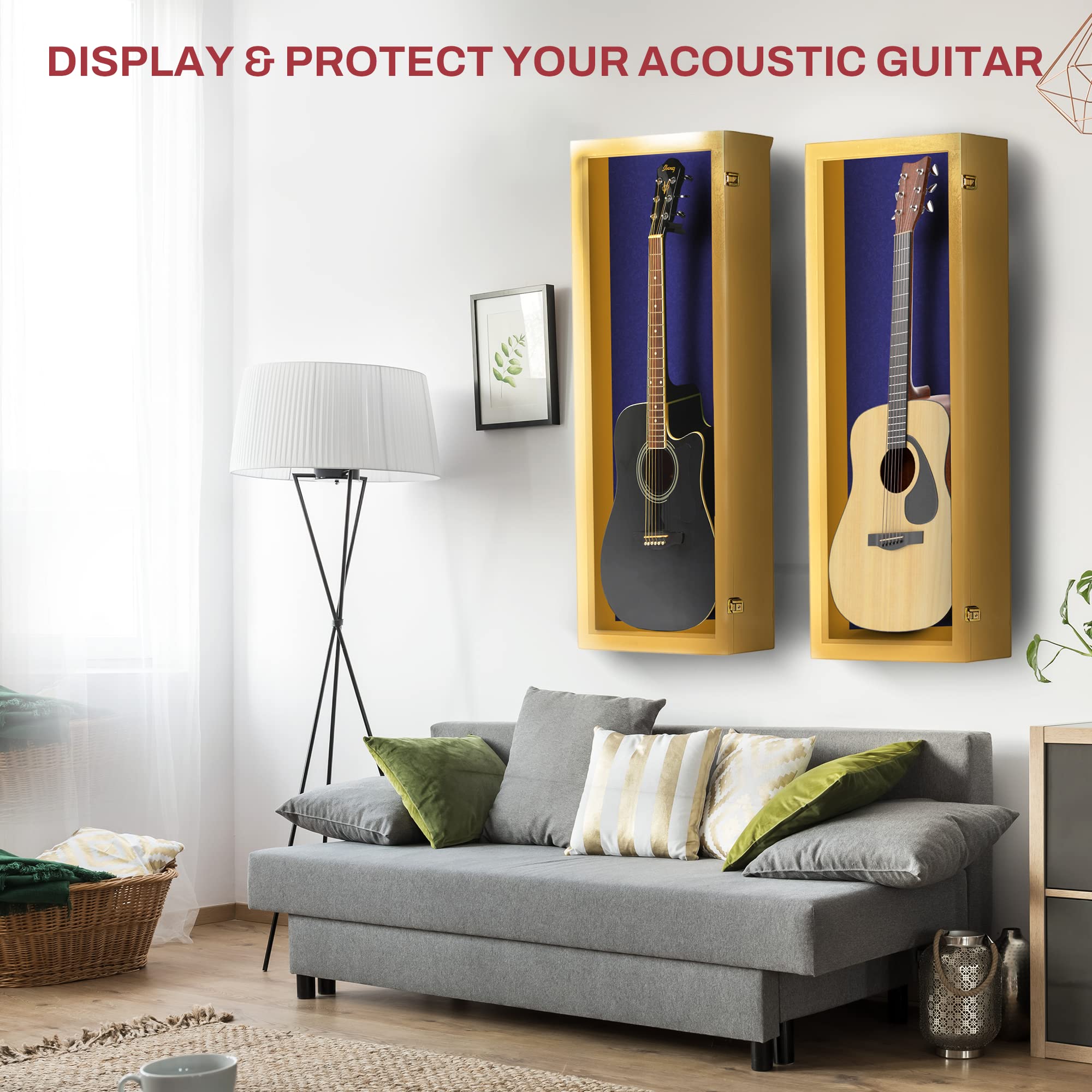 PENNZONI Acoustic Guitar Display Case – Acrylic Acoustic Guitar Case – Guitar Display Case Wall Mount Made from Hardwood Frame & Clear Acrylic – Golden Oak w/Felt Blue