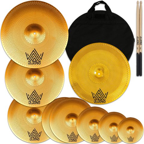 ULUOBO Low Volume Cymbal Pack, 9 Pieces Silent Cymbals, Quiet Cymbals Set for Drummer Practice, 6/8/10”Spalsh+14”Hihat+16″Crash+18”Crash+18”China+20″Ride, Gold