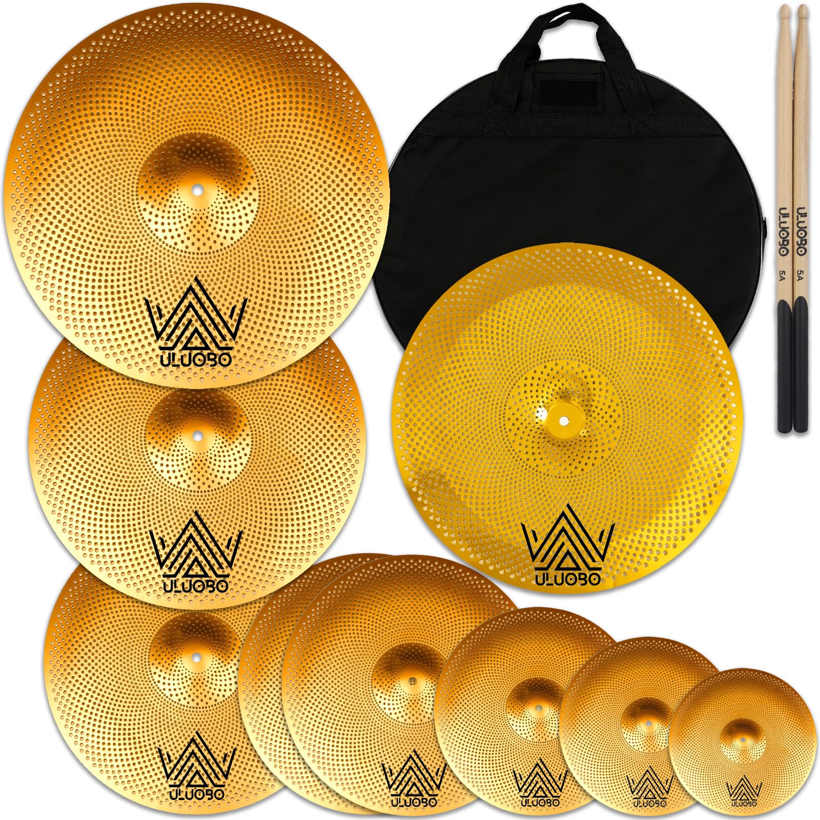 ULUOBO Low Volume Cymbal Pack, 9 Pieces Silent Cymbals, Quiet Cymbals Set for Drummer Practice, 6/8/10”Spalsh+14”Hihat+16″Crash+18”Crash+18”China+20″Ride, Gold