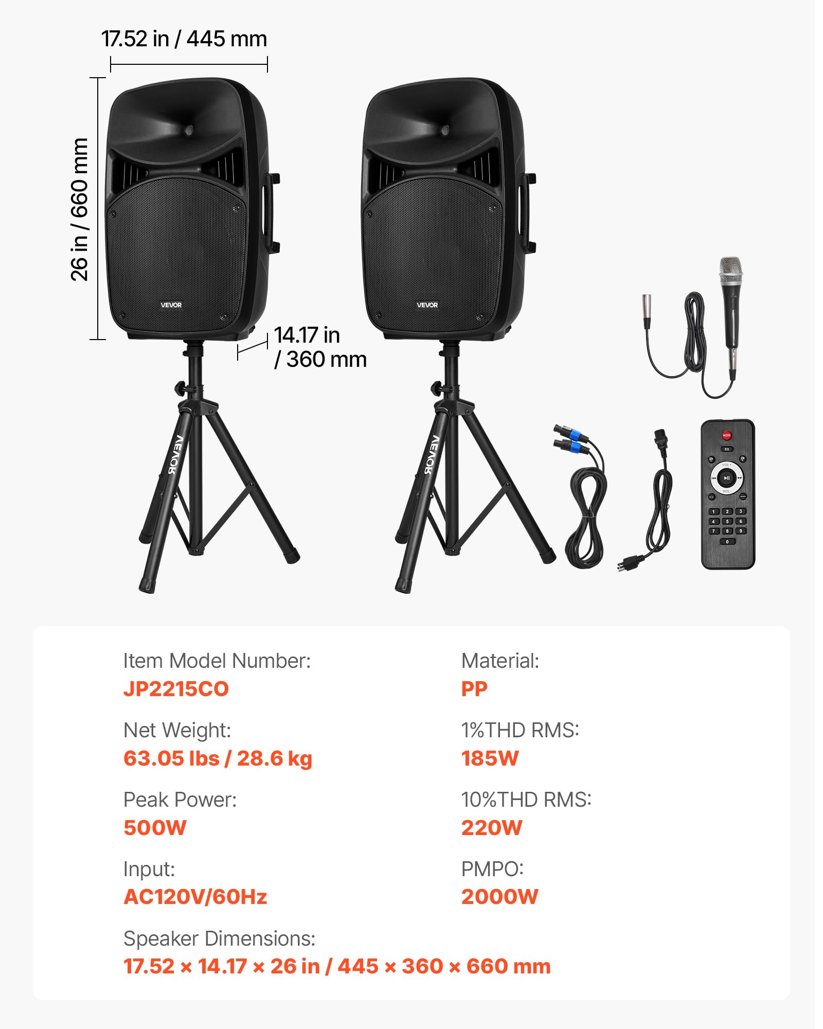 VEVOR Portable PA System, 2000W (PMPO) Powered, Sound System Set with 3 Channel Mixer, Dual Speakers, Wireless Bluetooth, Microphone, Compact Stands, USB & SD Inputs, Remote Control, for DJs Events