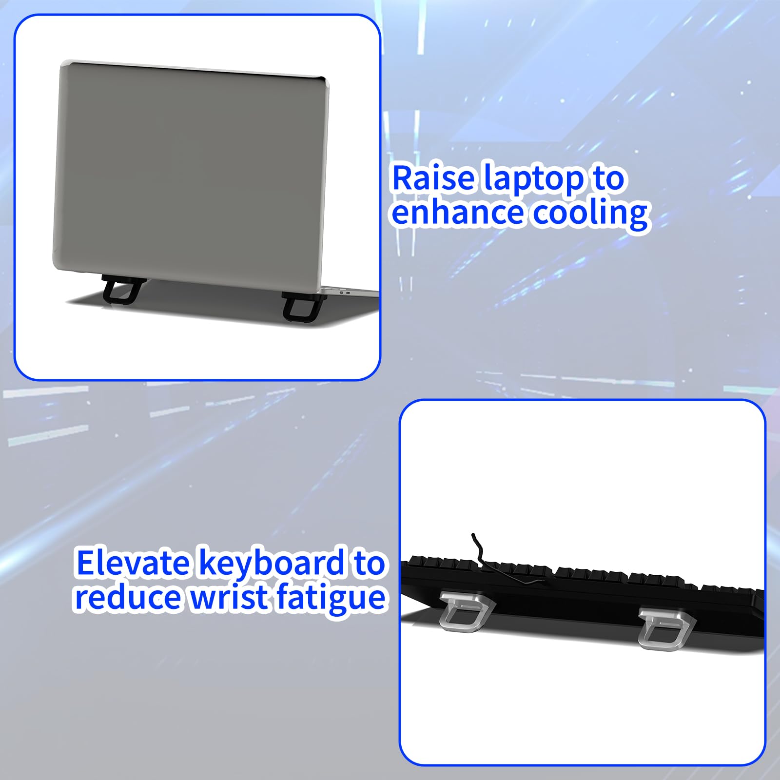 4-Piece Portable Keyboard Riser Set-2 Black & 2 Silver Adjustable Laptop Keyboard Stand with 2 Angle Settings and Self-Adhesive Foldable Feet, Mini Foldable Laptop Stand Riser Lift for Most Keyboards