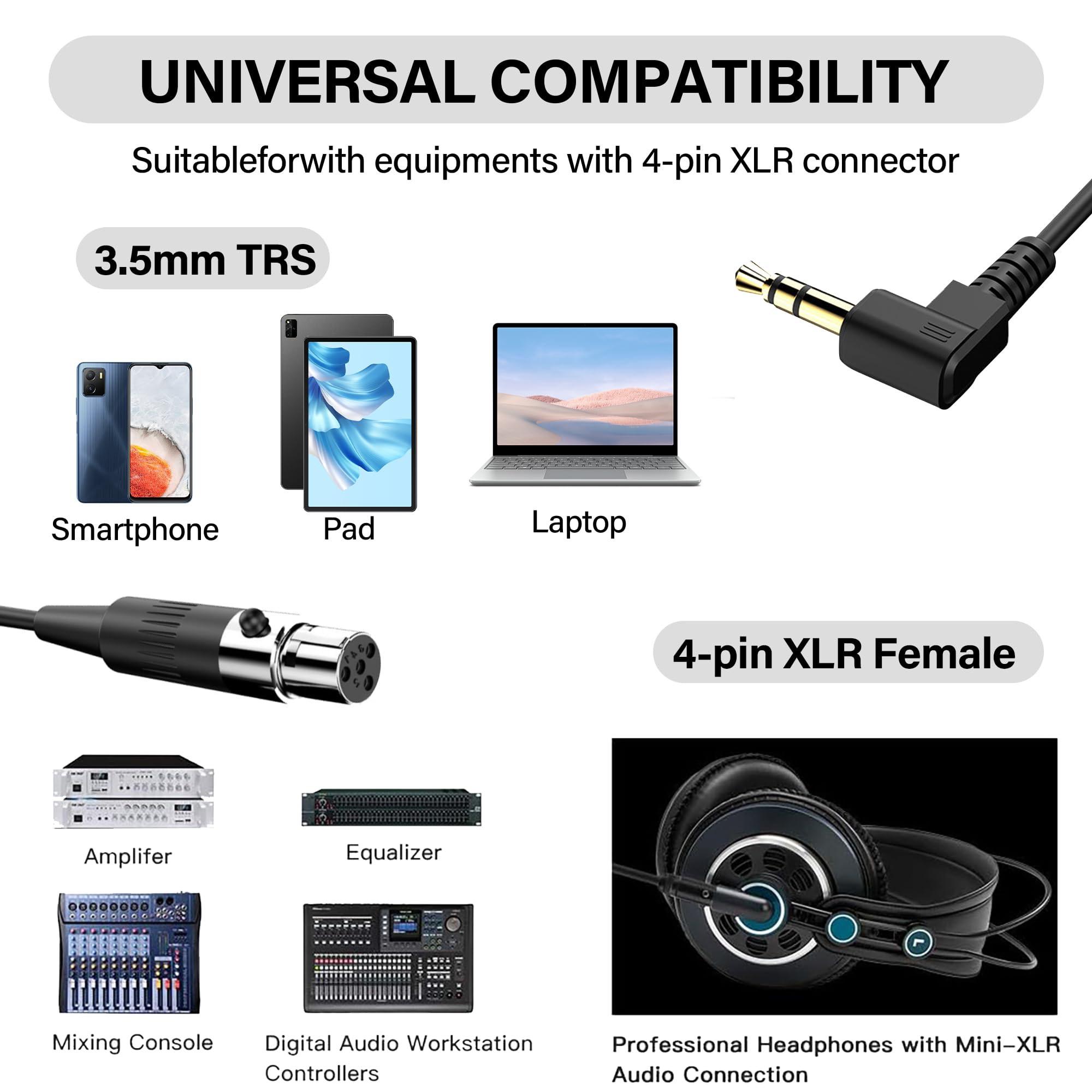 JSADZKJ Mini XLR to 3.5mm Stereo Audio Cable Right Angle 1/8″ TRS Plug to 4-pin Mini XLR Female Microphone Cable Coiled Mini XLR to 3.5mm Cable for DSLR Cameras,Microphones 1.64Ft (4-pin Mini XLR)