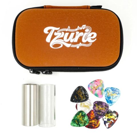 Tzurie Glass & Steel Guitar Slide & Picks Set with Black Travel Case – 10 Celluloid & Metal Picks,2 Slides Included – Slide Guitar Accessories for Electric & Acoustic Guitars