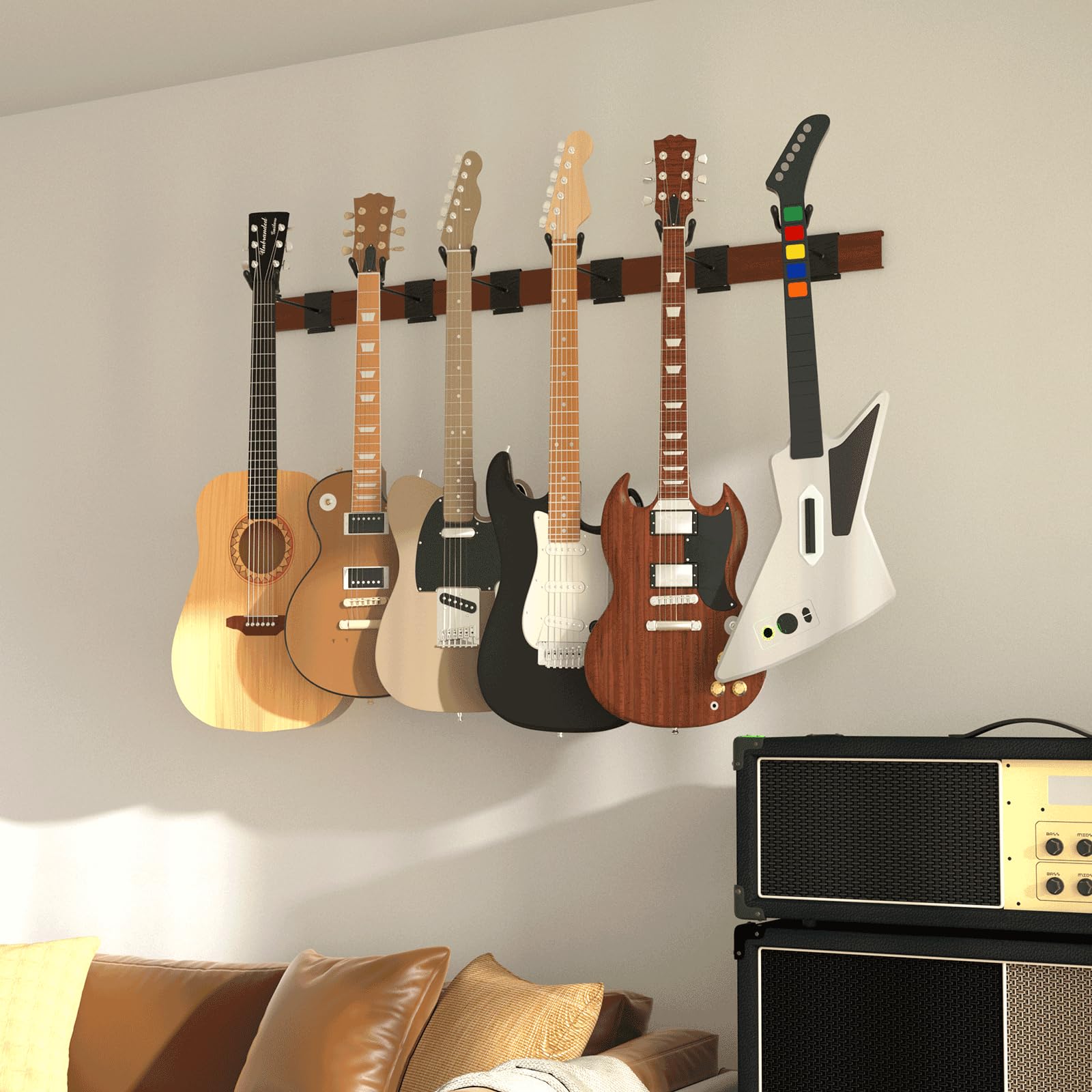 hjooytoi Guitar Wall Mount, Woodgrain Rack With 6 Adjustable Guitar Hangers, Guitar Wall Hanger With Pre-Drilled Holes, 48″ Alloy Steel Multiple Guitar Holder Stand,Brown