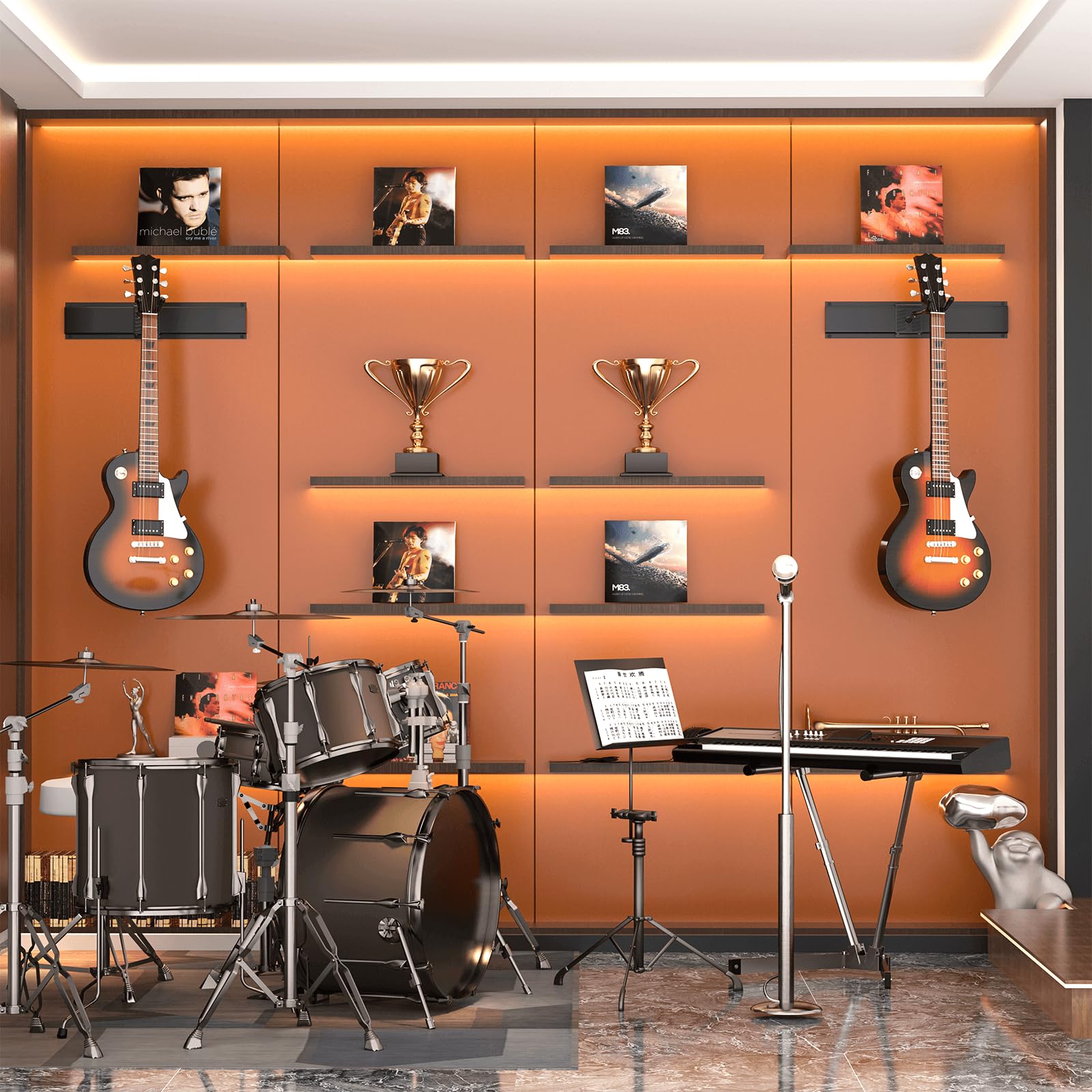 hjooytoi Guitar Wall Mount, Woodgrain Rack with 6 Adjustable Guitar Hangers, Guitar Wall Hanger with Pre-Drilled Holes, 48″ Alloy Steel Multiple Guitar Holder Stand,Black