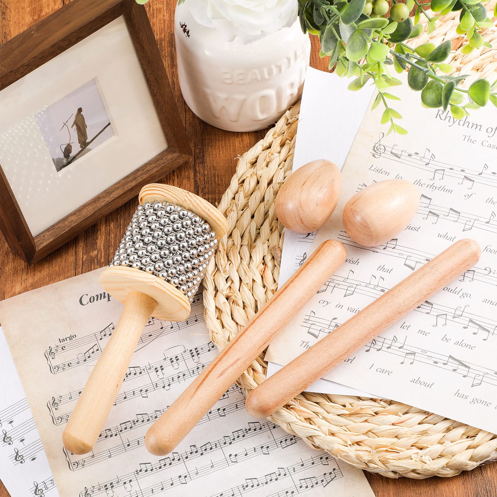 Nuanchu 5 Pcs Wooden Hand Percussion Instrument Set Mini Cabasa Breads