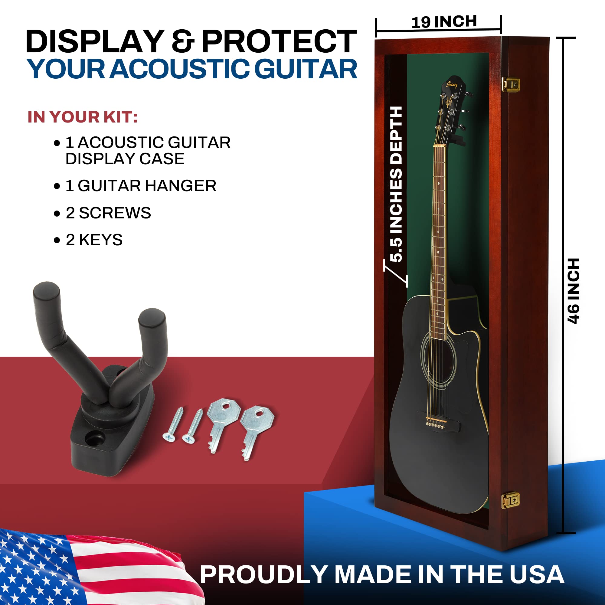 PENNZONI Acoustic Guitar Display Case – Acrylic Acoustic Guitar Case – Guitar Display Case Wall Mount Made from Hardwood Frame & Clear Acrylic – Cherry w/ Felt Green