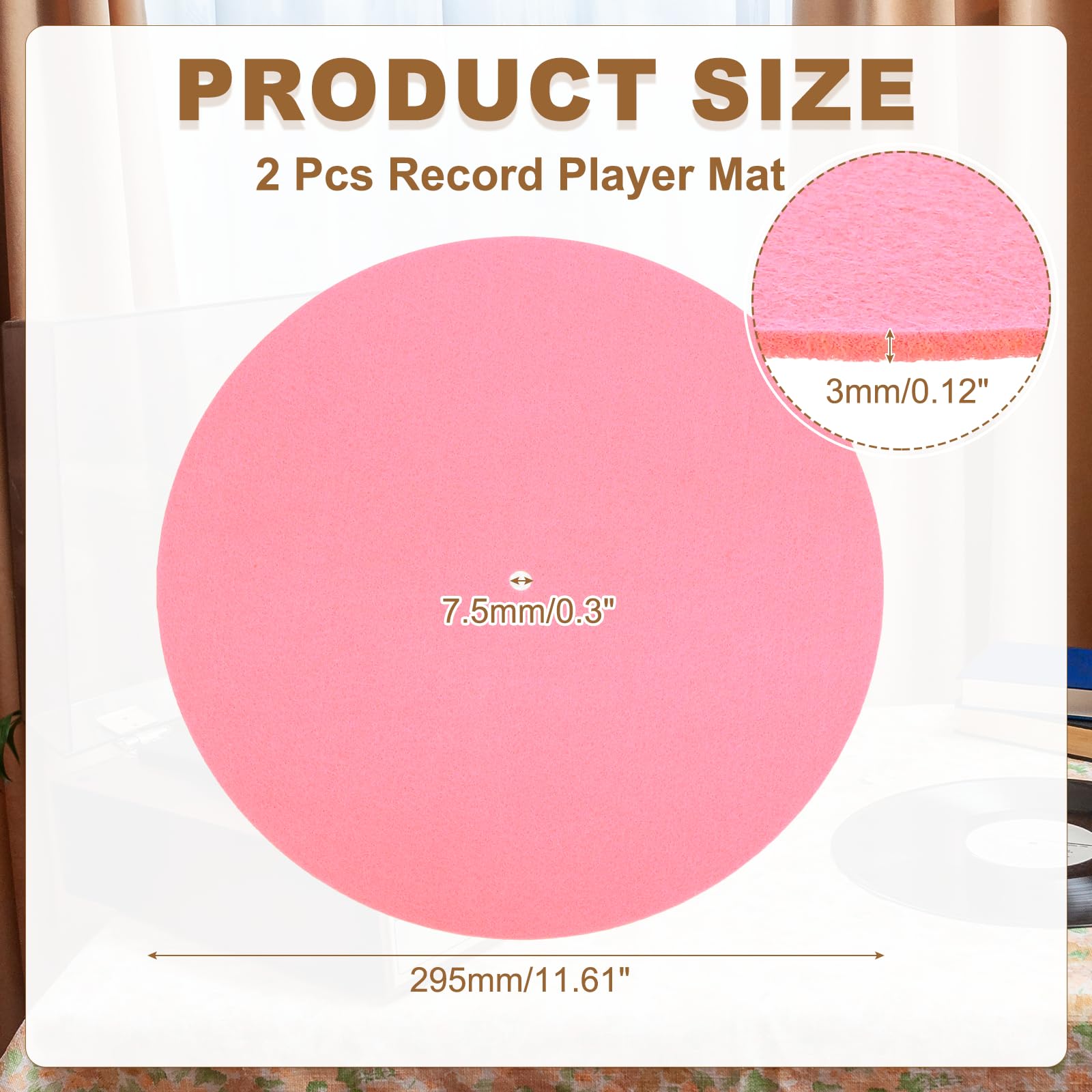 MECCANIXITY 2 Pcs Record Player Mat, 12 Inch Turntable Mat 3mm Felt Turntable Pad for Vinyl Record Player, Pink