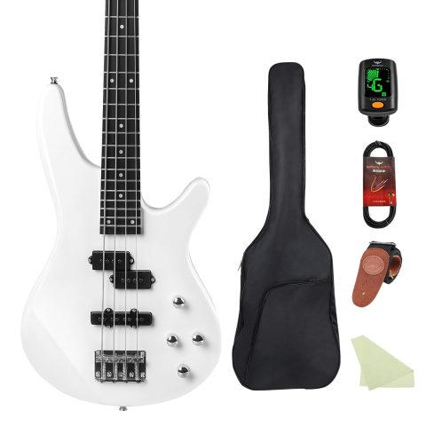 Bullstar Electric Bass Guitar 4 Strings Full-Size Standard Bass PB-Style Beginner Kit Black for Starter with Gig Bag Guitar Strap and Guitar Cable(PJ-White)