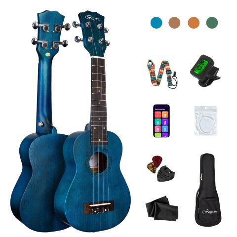 Besyou 21 Inches Ukulele Beginner Kids and Adult Student Travel Wooden Soprano Mahogany Ukelele Kits with Tuner Gig Bag Strap Carbon Nylon String Picks Cloth Gift Choice (Blue)