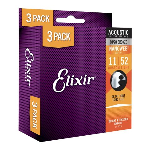 Elixir Strings, Acoustic Guitar Strings, 80/20 Bronze with NANOWEB Coating, Longest-Lasting Bright and Focused Tone with Comfortable Feel, 6 String Set, 3 Pack, Custom Light 11-52