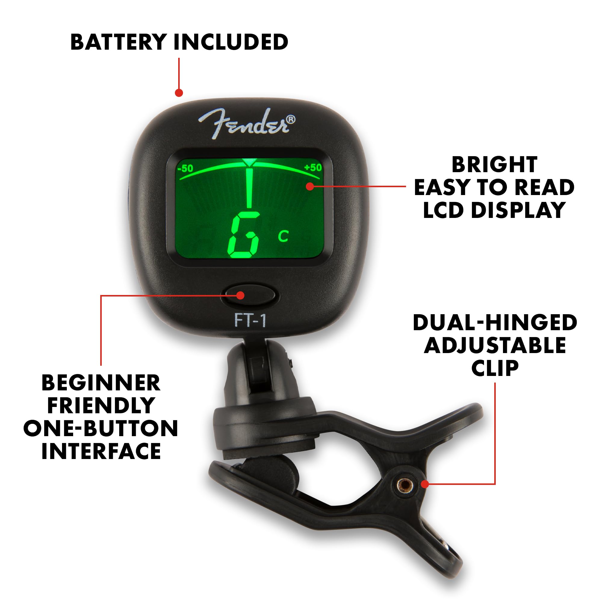 Fender 239978000 FT-1 Professional Guitar Tuner Clip On, Guitar Accessories, with 1-Year Warranty, Full-Range Chromatic Guitar Tuner with Dual-Rotating Hinges, A4 Calibration
