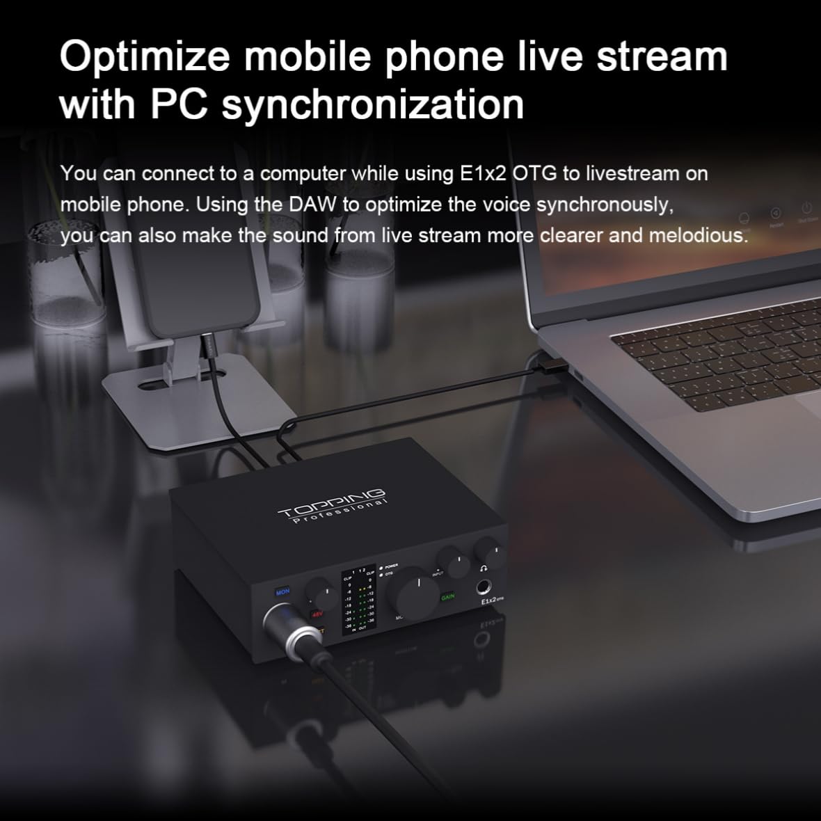 TOPPING E1X2 OTG USB Audio Interface | XLR Mic Preamp, 48V Phantom Power, 24bit/192kHz, 8 DAW/6 Loopback Channels, PC & Mobile Recording, Dual Livestream, Zero-Latency Mixer, High-Res Playback(Black)