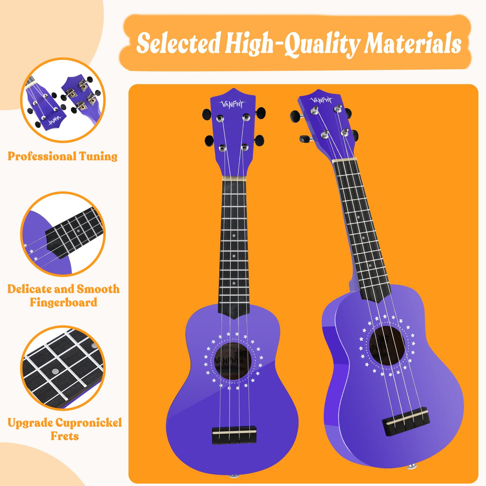 VANPHY Soprano Ukulele for Kids 21 Inch Ukelele with Bag Strap Picks Songbook Cleaning Cloth Suitable for Adults and Beginners(Purple)