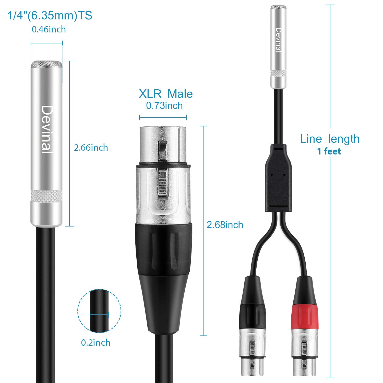 Devinal 1/4″ Female to Dual XLR Y Cable – 6.35mm TRS to 2 XLR Microphone Converter – 1FT Audio Breakout Cord