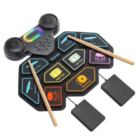 2025 Upgrade Electronic Drum Set 9-Pad Roll-Up – Portable Silicone Drum Kit with 2 Pedals, Built-in Speakers, MIDI & Headphone Jack – Ideal for Practice & Travel (Drum pattern)