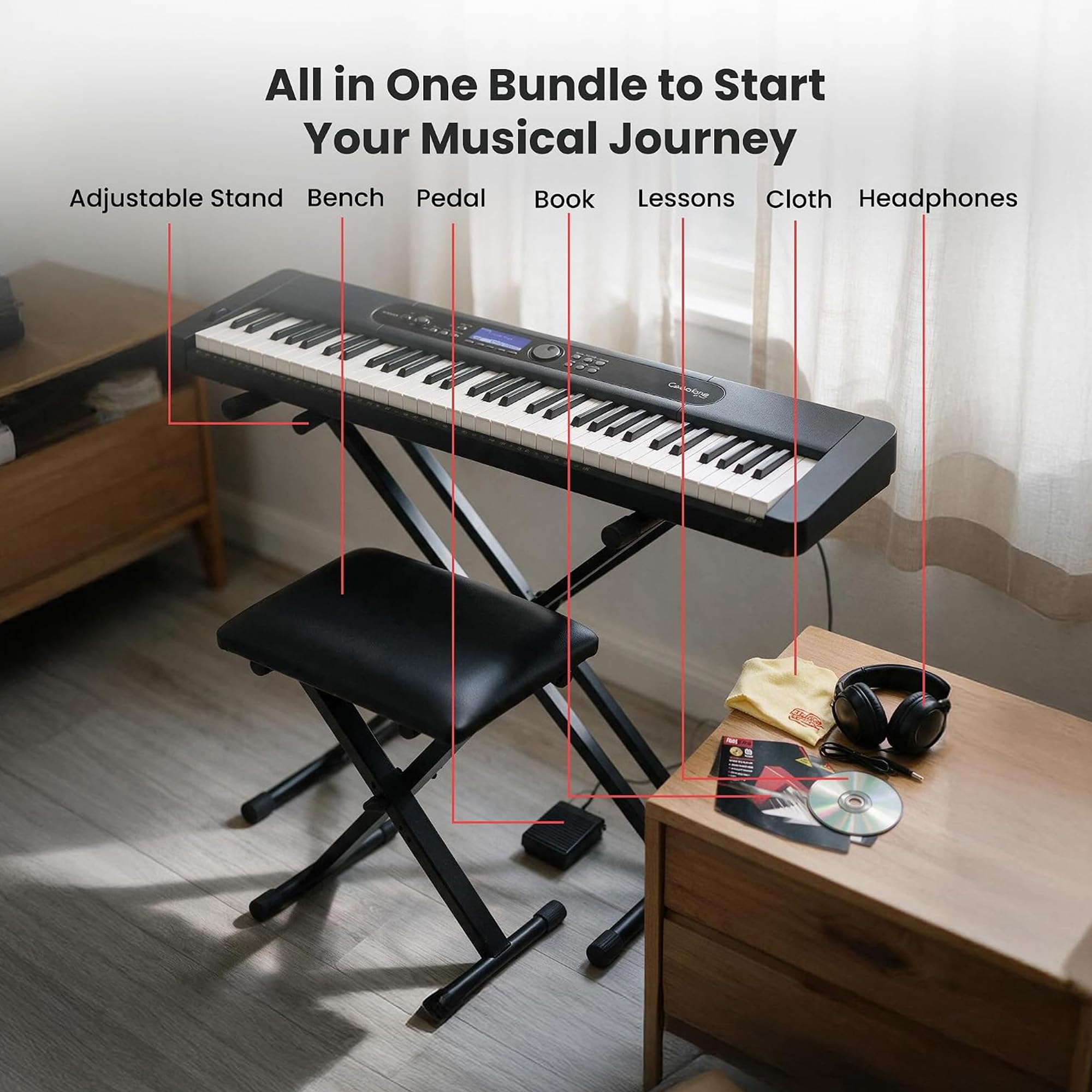 Casio CT-S400 61-Key Portable Keyboard Bundle with Adjustable Stand, Bench, Headphones, Sustain Pedal, Piano Book, Online Piano Lessons, Instructional DVD, and Austin Bazaar Polishing Cloth