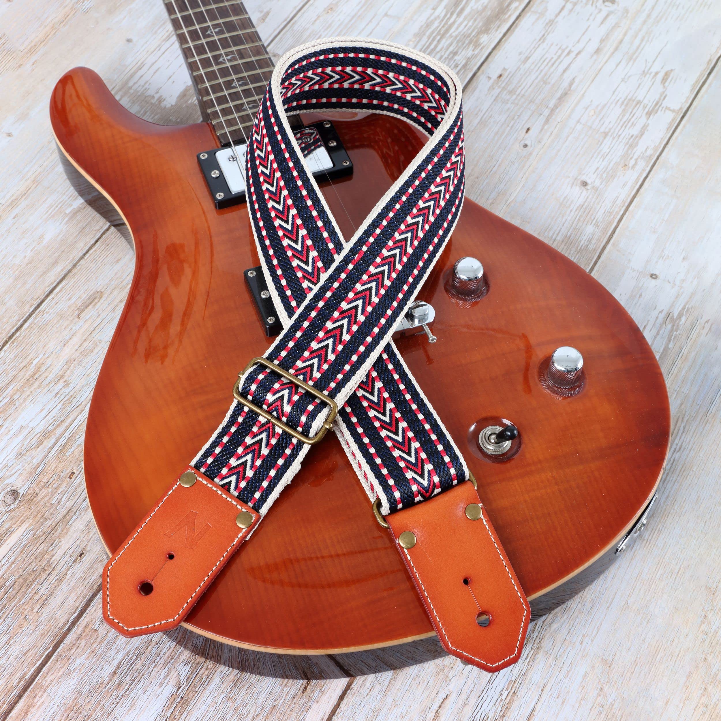 Nefelibata Guitar Strap, Denim Guitar Straps with Thicked First Layer Vegetable Tanned Cowhide Leather Ends for Acoustic, Bass, Electric, Gift for Guitarists and Musicians