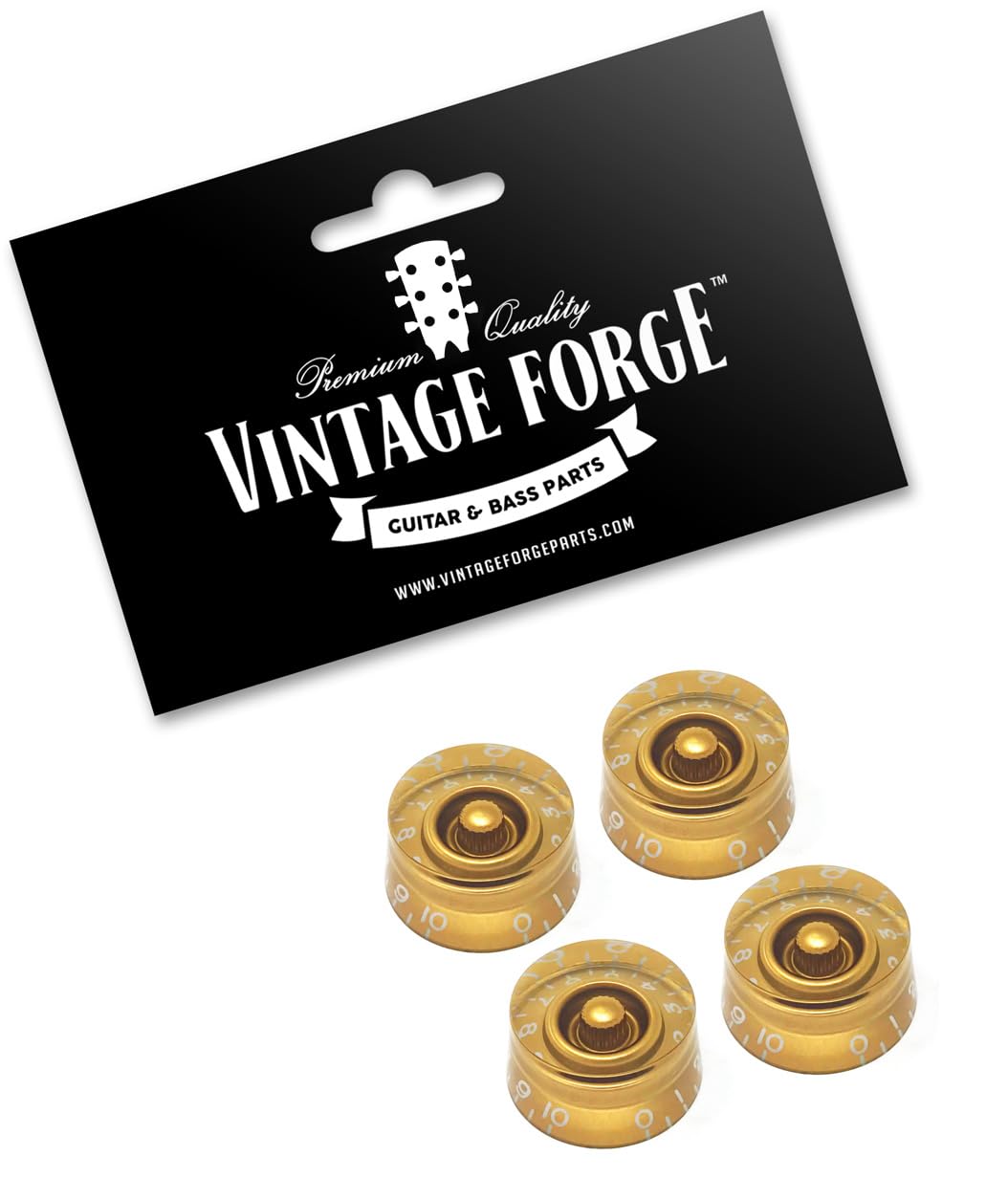 Vintage Forge Gold Speed Knobs Compatible with Epiphone Les Paul SG Electric Guitar (Set of 4) Fits 18 Coarse-Spline Import (Metric) Split Shaft Pots Recessed RS18M-GLD4