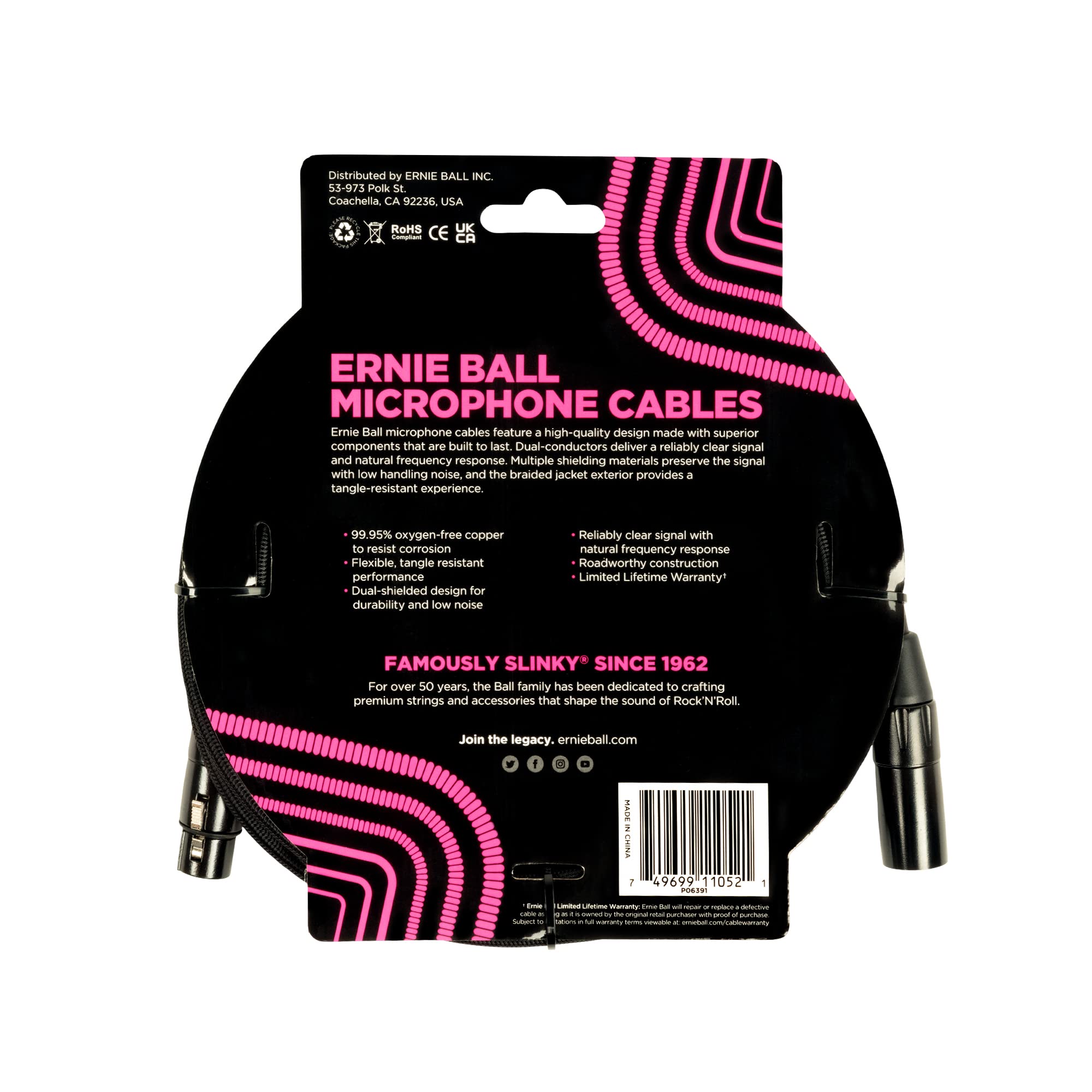 Ernie Ball Braided XLR Mircrophone Cable, 15ft, Black (P06391)