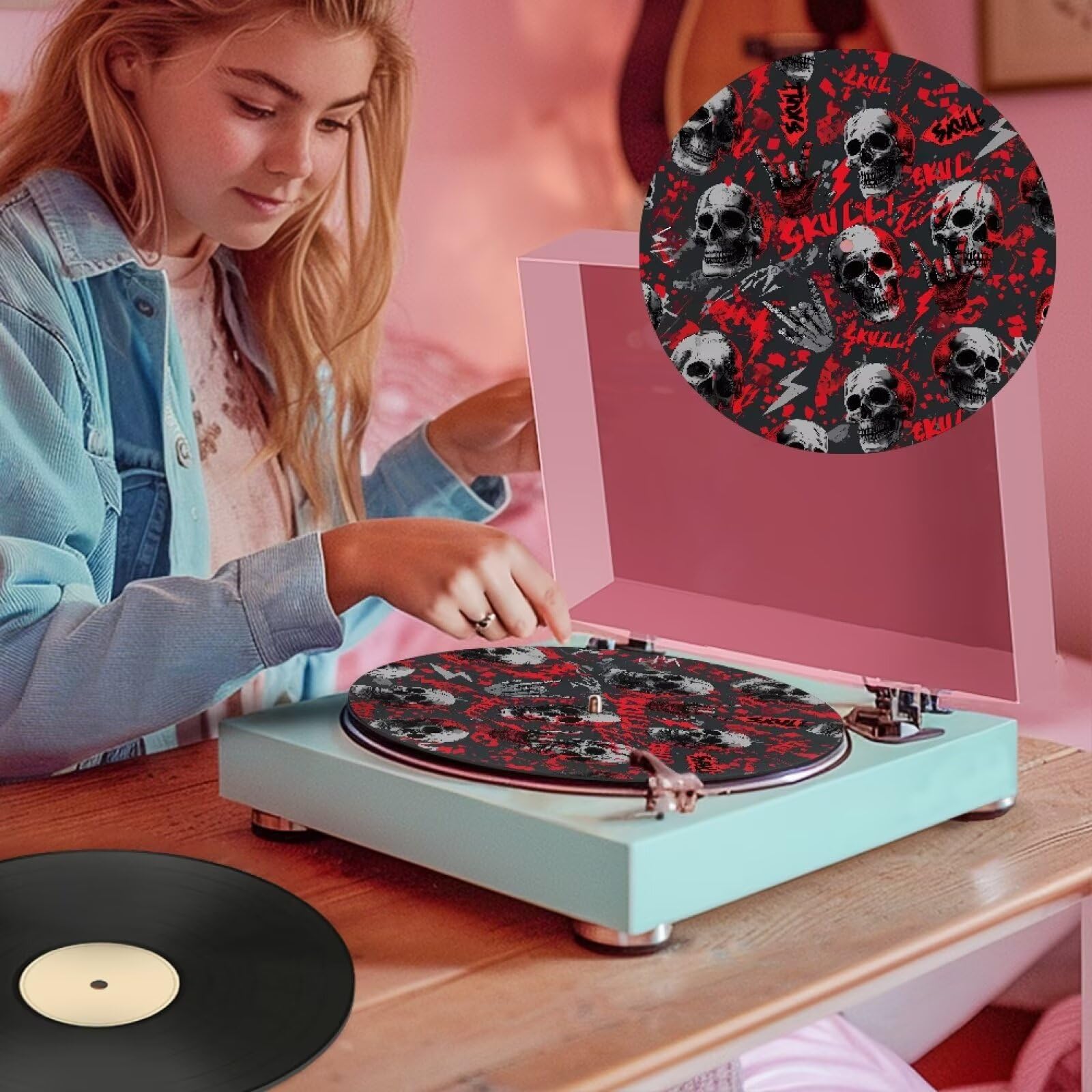 PJHEQOXE Turntable Mat,11.6 Inch,Halloween Skull Print Red