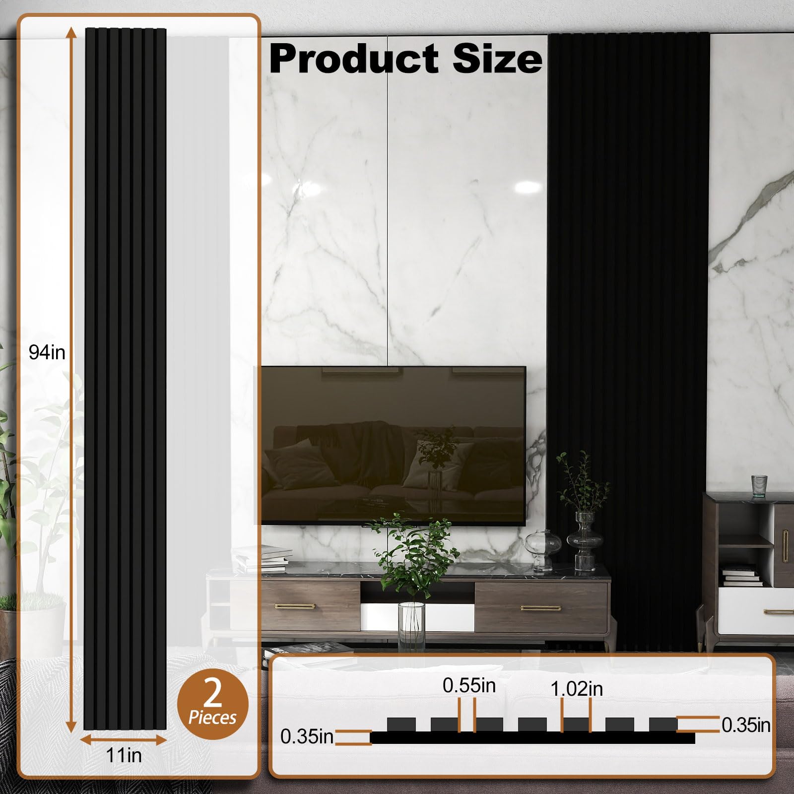 Fivaz 2 Pcs 94″ × 11″ Wood Panels for Wall, Soundproof Wood Slat Wall Paneling, Stylish Decor Acoustic Wall Panels for Wall and Ceiling, Odor-Free & Easy to Install, Black