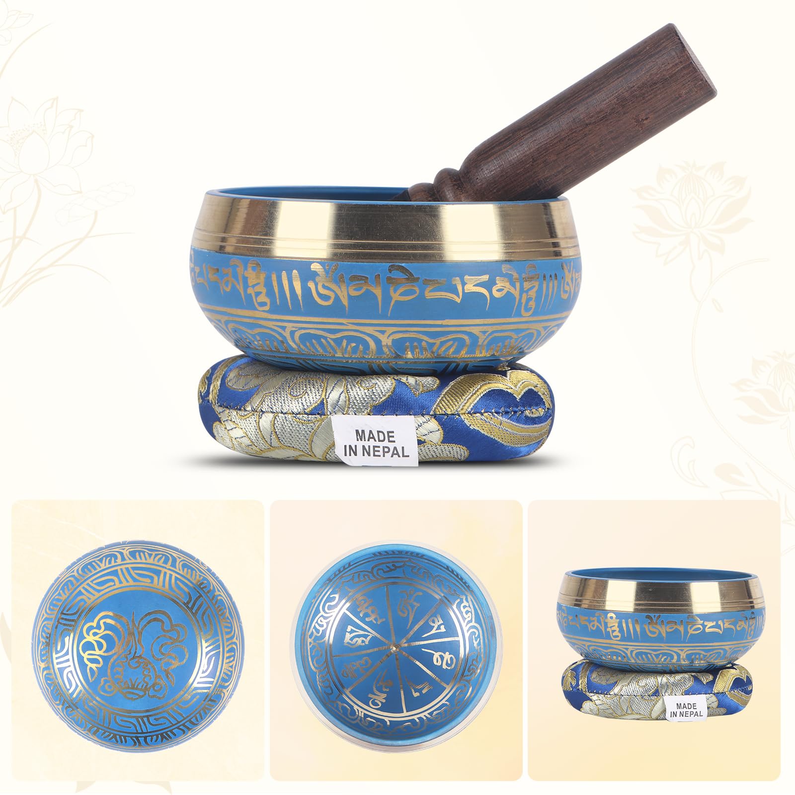 Kmise Tibetan Singing Bowls Set- Handmade in Nepal Meditation Sound Bowls for Yoga, Meditation, Mindfulness, Healing and Chakra Balancing, Stress Relief (3.5′, Blue)