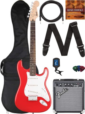 Fender Squier Bullet Stratocaster HT – Fiesta Red Bundle with Frontman 10G Amplifier, Gig Bag, Instrument Cable, Strap, Picks, and Austin Bazaar Instructional DVD