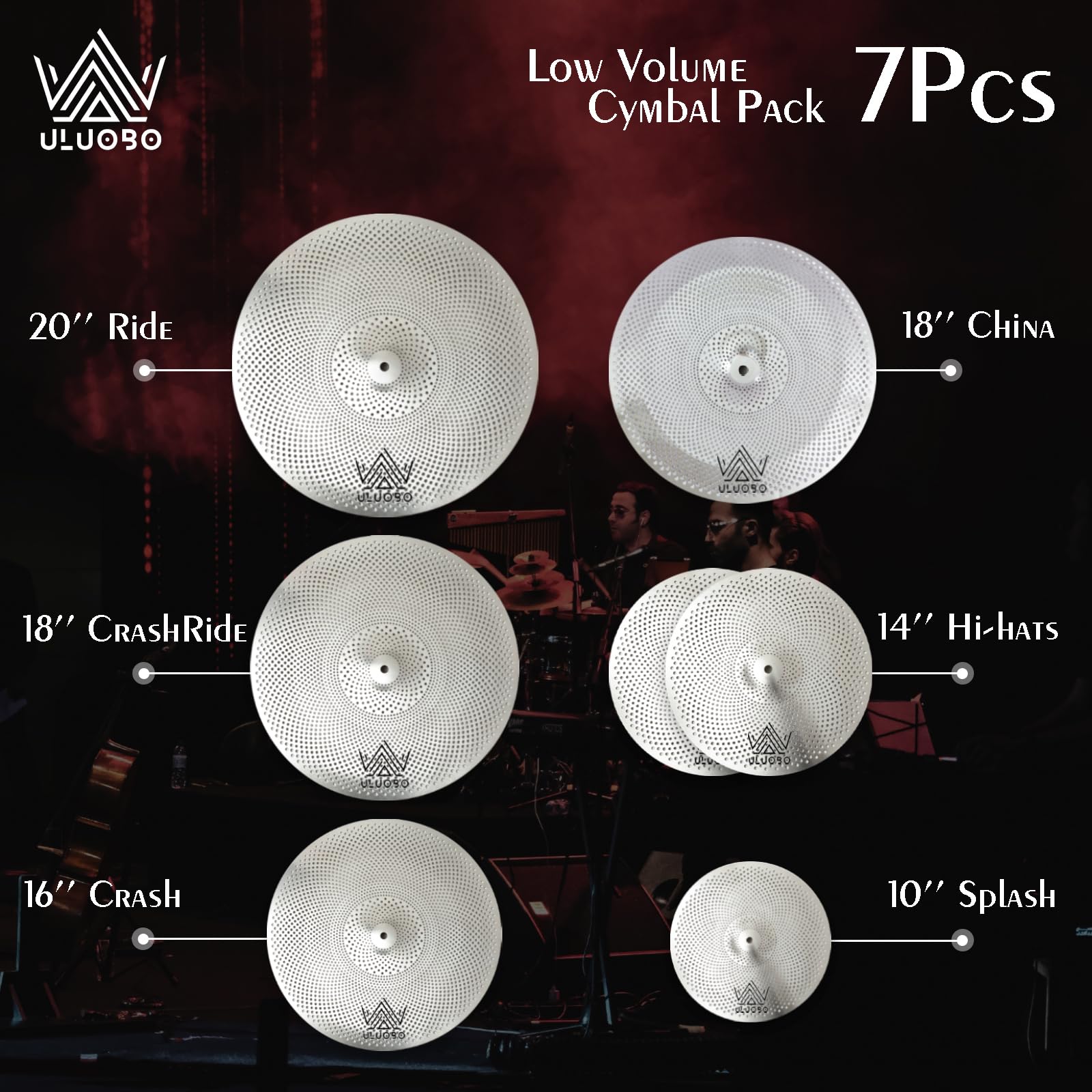 ULUOBO Low Volume Cymbal Pack 7 Pieces, Silent Cymbals, Quiet Cymbals Set for Drummer Practice, 10”Splash+14”Hihat+16″Crash+18”Crash+18”China+20″Ride, Silver