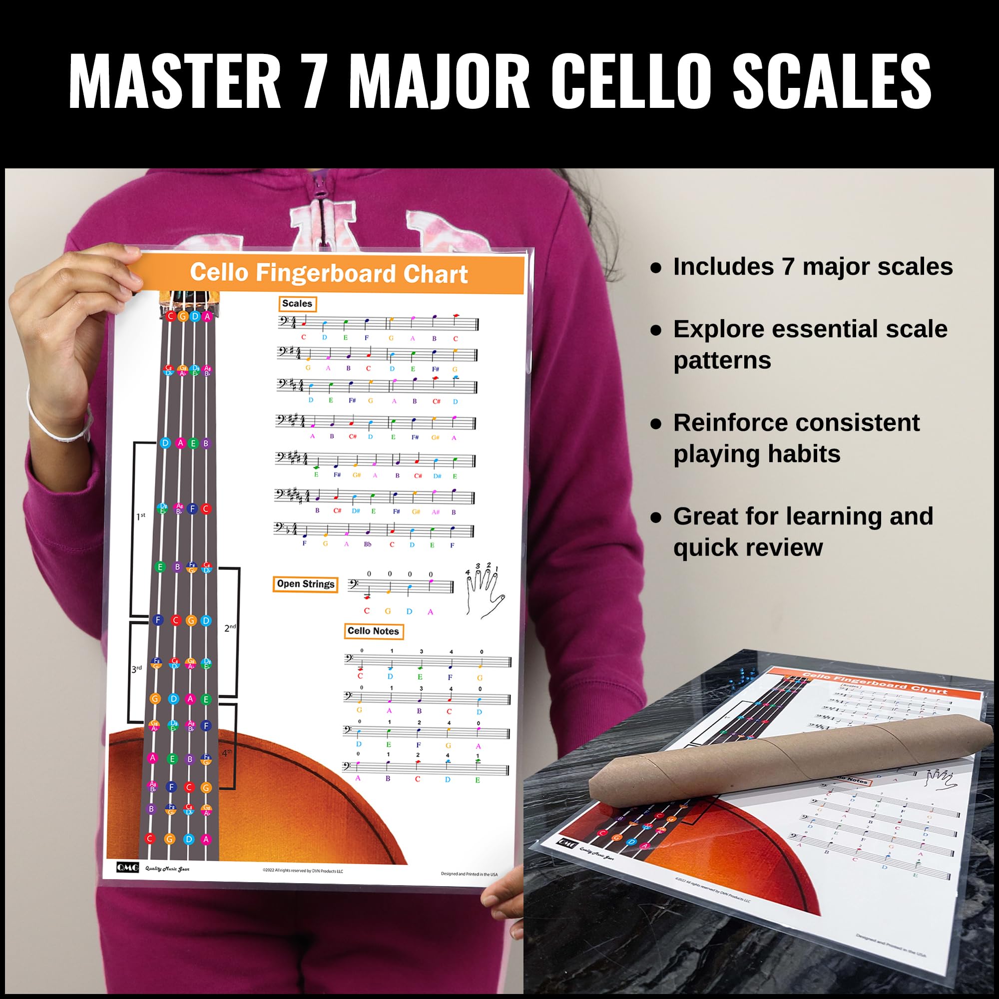QMG Cello Fingering Chart with Color-Coded Notes, Cello Scales Techniques Suitable for All Levels