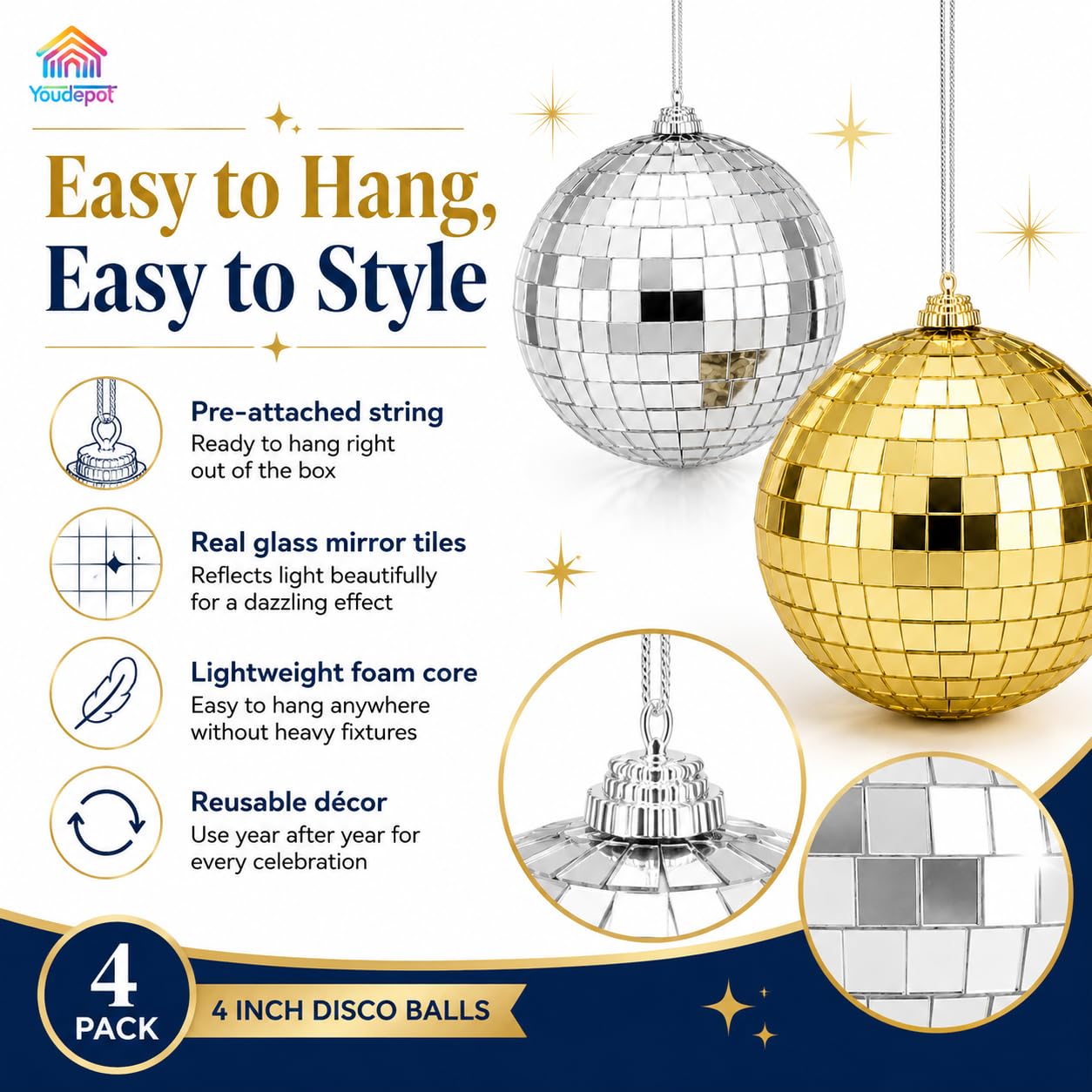 Youdepot Disco Ball 4-Pack 4″ Hanging Christmas Decor