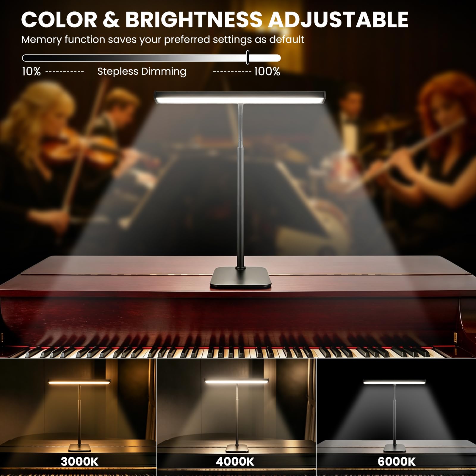 TobeBright Piano Light with Square Base, Piano Lamp with 3 Color Modes and 10 Dimmable Brightness Levels, Adjustable Gooseneck Music Stand Light with USB, for Grand/Upright Pianos, Sheet Music