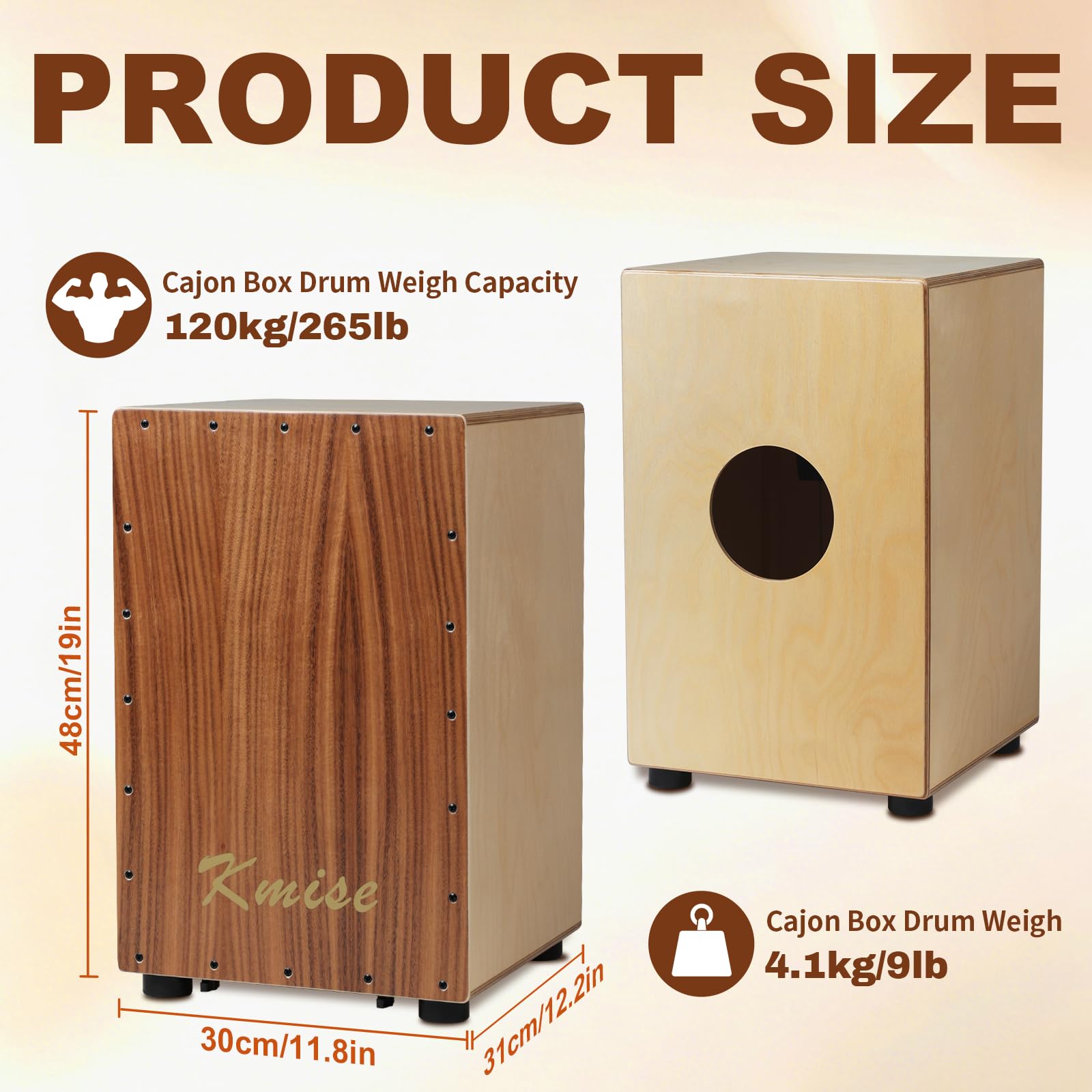 Kmise Portable Cajon Drum Box, 11.8×12.2×19″ Adjustable Snare Cajons Drums, Solid Acacia & Birch Wood, Percussion Instrument Gift for Adults Kids, With Carry Bag,for Home Live Performance Practice