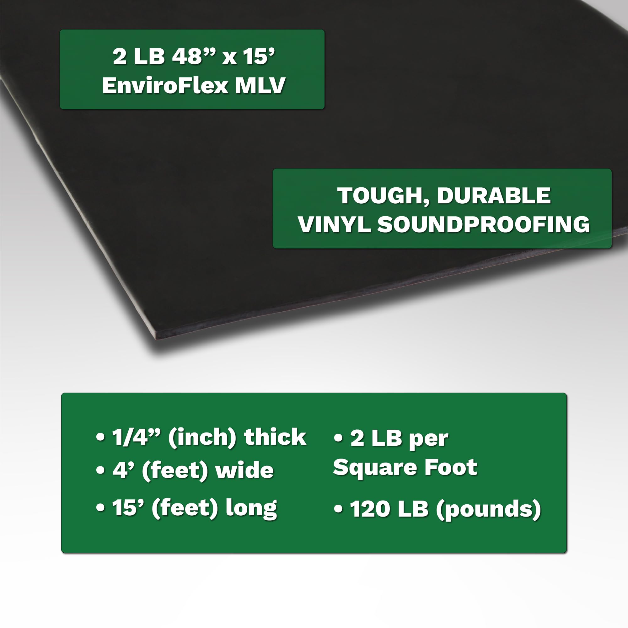 EnviroFlex 2 LB Mass Loaded Vinyl 4’x15’ (60 SF) – MLV Soundproofing Barrier for Walls, Ceilings, Vehicles – 32 STC Rating – Flexible Noise Blocker Roll – Easy to Cut & Install – Multiple Options