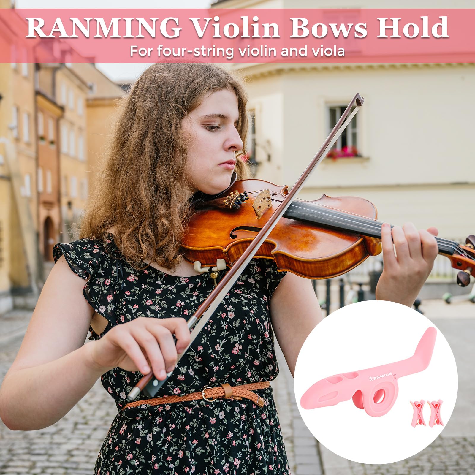 RANMING Violin Bow Holder for Practice– Silicone Hand Position Corrector Non-Slip Teaching Tool for Beginners Students Improve Bow Grip & Posture Violin Teaching Aid With 2 Bow Stopper Pink