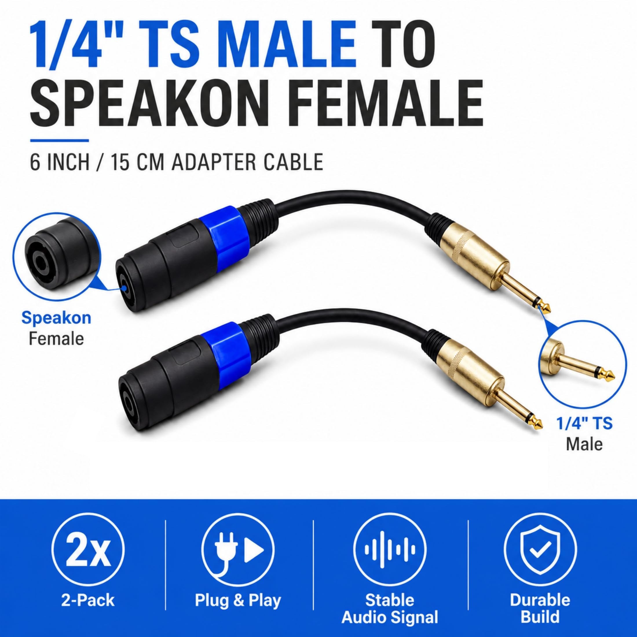 KOOKFJLLZ 12AWG OFC 1/4″ TS Male to Speakon NL4 Female Cable – 6 Inch 6.35mm Speaker Cable 2 Pack for QSC, Crown, Yamaha Power Amplifiers, PA Systems & Stage Monitors