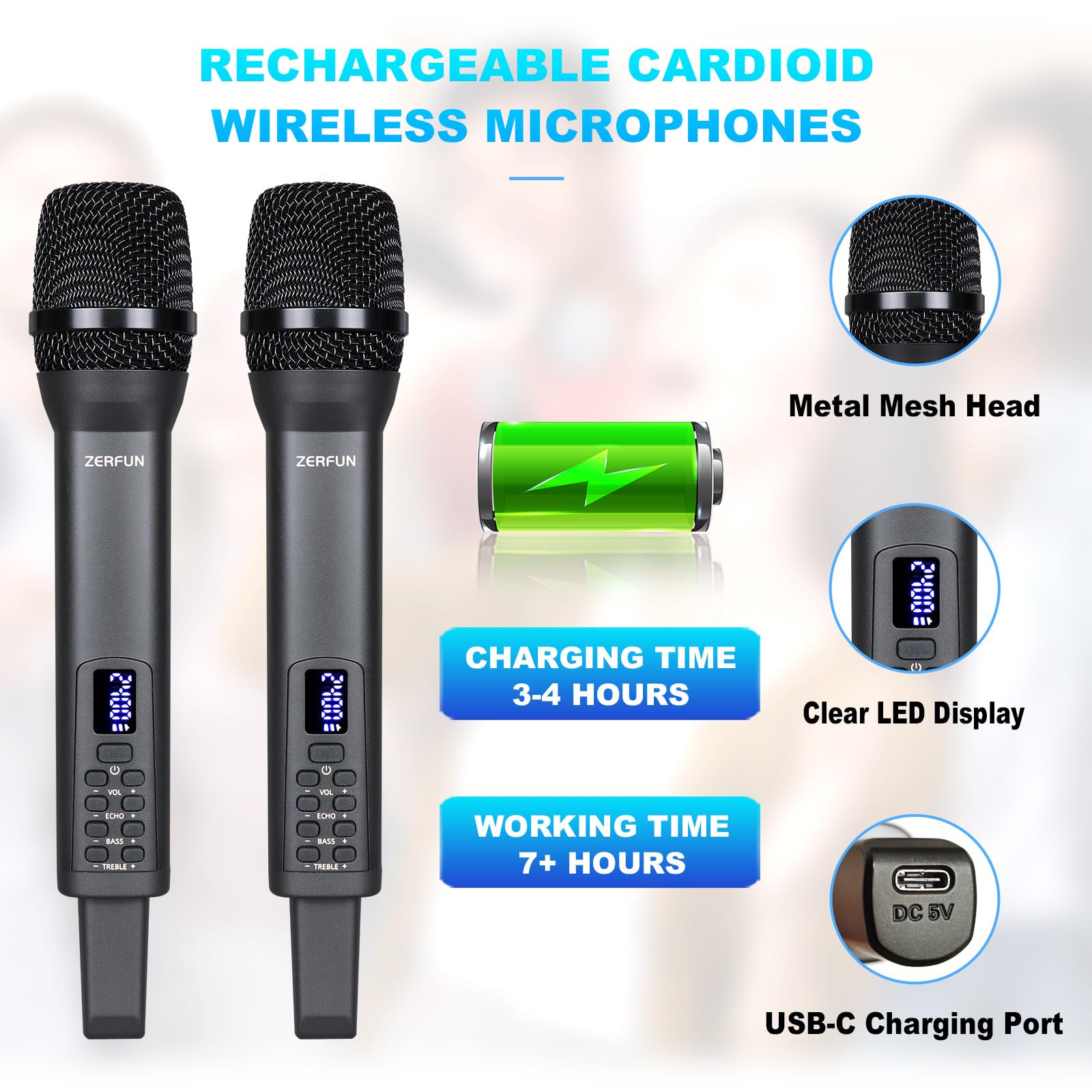 ZERFUN Rechargeable Wireless Microphones Dual, D240, Grey