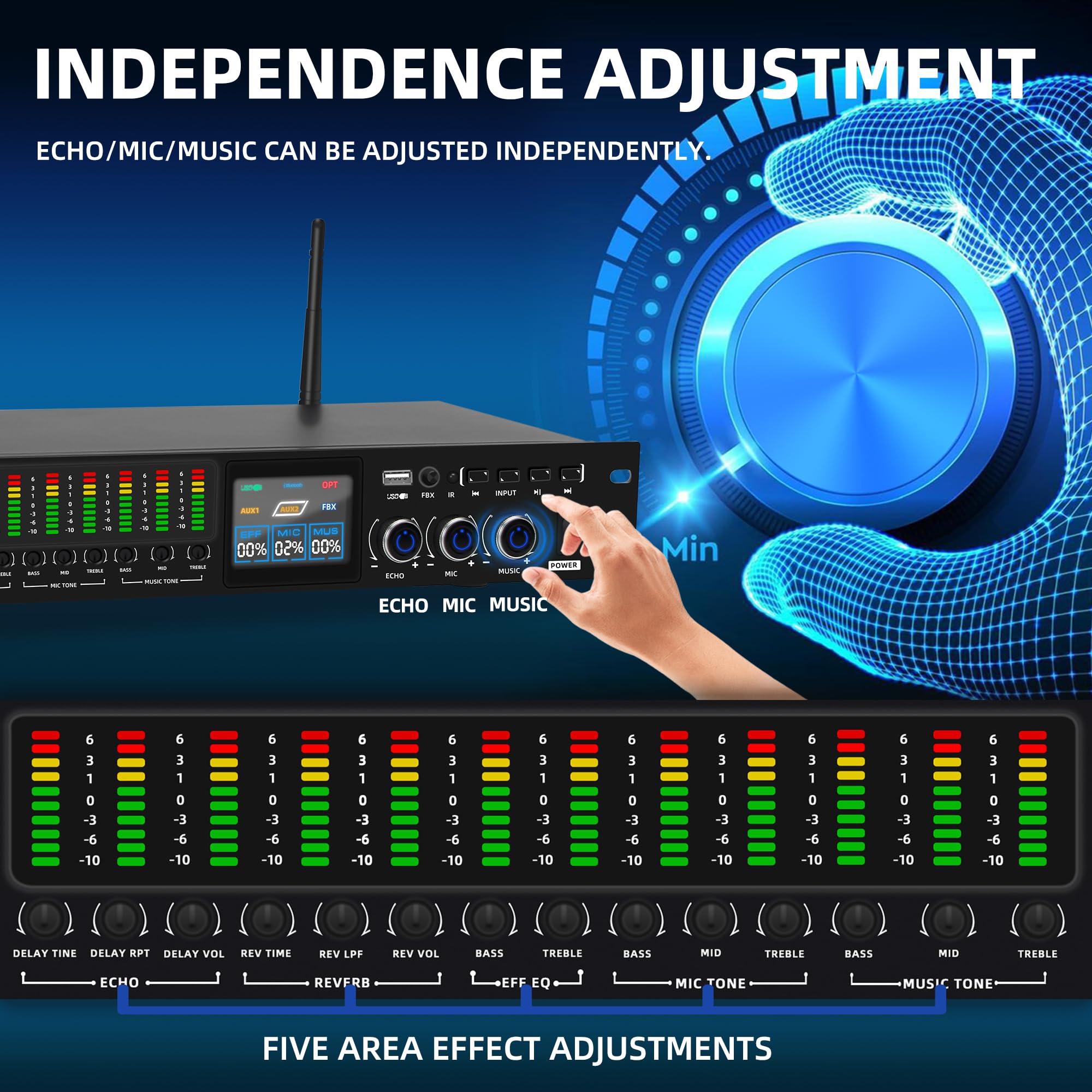FULODE K-6 Professional KTV Digital pre-stage Effector Anti-howling Audio Processor Karaoke Mixer Reverberator with DSp effect echo USB MP3 Bluetooth optical.4 microphone input With remote control