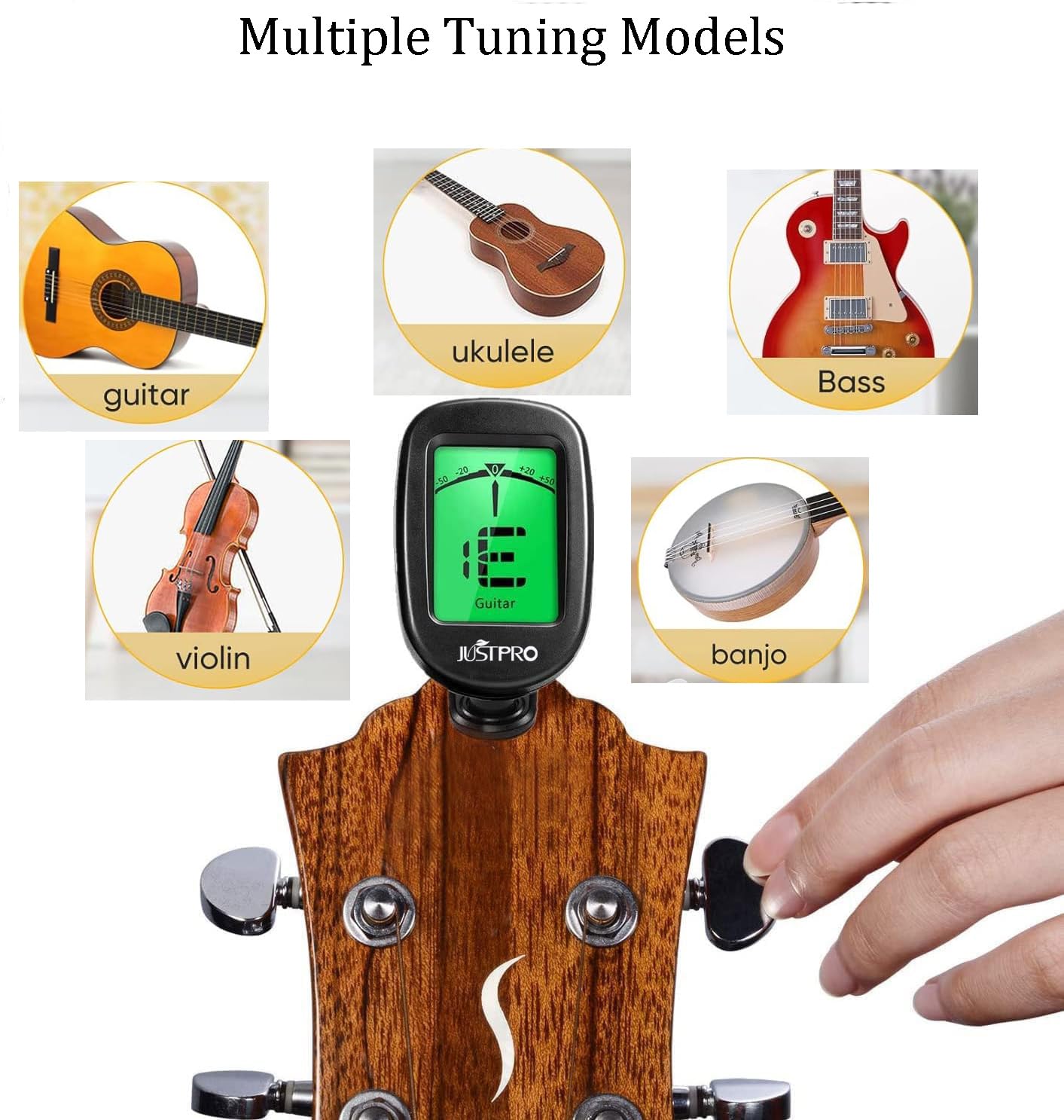 JUSTPRO Guitar Tuner Clip on with Chromatic Tuning Modes, Guitar Tuner for Acoustic/Electric Guitar, Ukulele, Violin, Bass, Banjo
