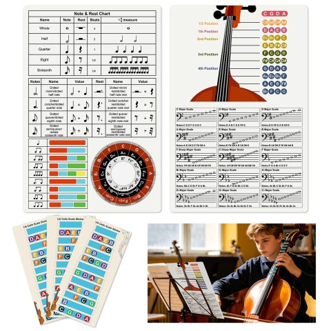 Enjoyard Cello Finger Guide Stickers & Learning PVC Card, Note Chart, Rest Values, Rhythms, Circle of Fifths, Cello Practice Tool for Kids Adults Beginners 4/4 3/4 1/2 1/4 (1/4)