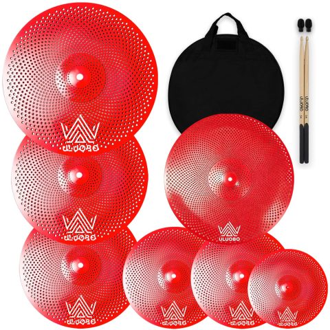 ULUOBO Low Volume Cymbal Pack 7 Pieces, Silent Cymbals, Quiet Cymbals Set for Drummer Practice, 10”Splash+14”Hihat+16″Crash+18”Crash+18”China+20″Ride, Red