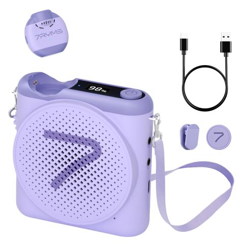 7RYMS WA2 Wireless Voice Amplifier for Teachers with Magnetic Lavalier Mic, Wireless Portable Amplifier with Noise Canceling, Mini Voice Amplifier for Classroom, Meeting, Training, Speech (Purple)