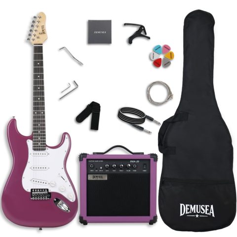 Demusea Purple Color Electric Guitar Kit With 20W Amplifier Bundle Bag Noiseless Cable Capo Strap All In For Beginner Practice (ST, Purple)