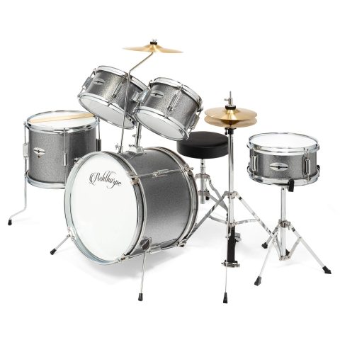 Ashthorpe 5-Piece Complete Kids Drum Set with Genuine Brass Cymbals – Junior Beginner Kit with 16″ Bass, Throne, Hi-Hats, Pedals & Drumsticks – Silver