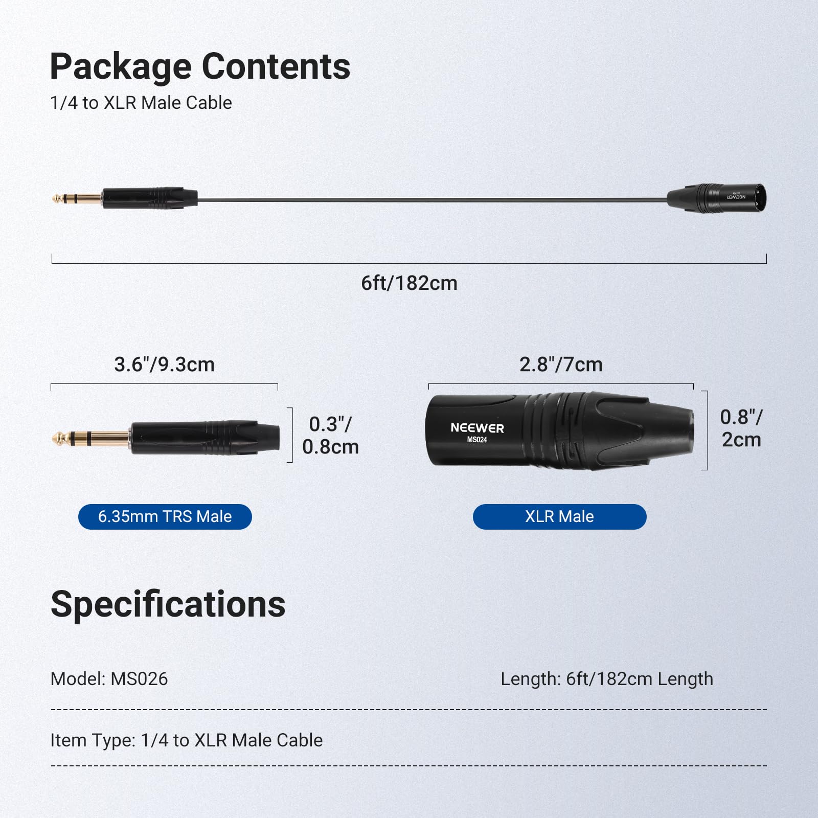 NEEWER 6.35mm 1/4 TRS to XLR Male Cable, 6 ft Quarter Inch to 3 Pin XLR Balanced Signal Interconnect Microphone Patch Cord Adapter Connector for Mic Amplifier Mixer Powered Speaker Guitar Tuner, MS026