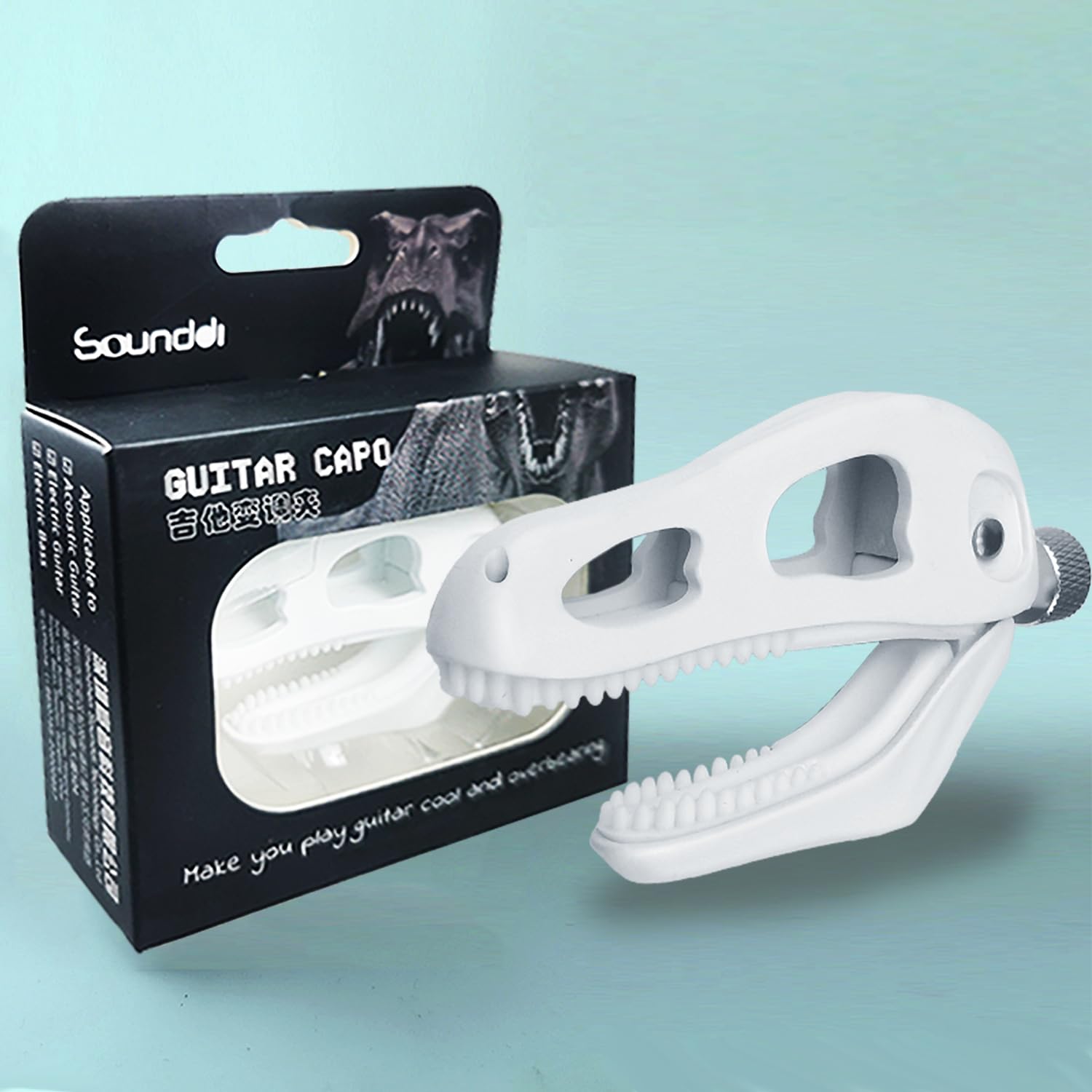 Prehistoric T-Rex Guitar Capo – Dinosaur Skull Design with Silicone Teeth, Zinc Alloy Adjustable Clamp for Acoustic/Electric Guitar, Bass, Ukulele & Banjo (White)