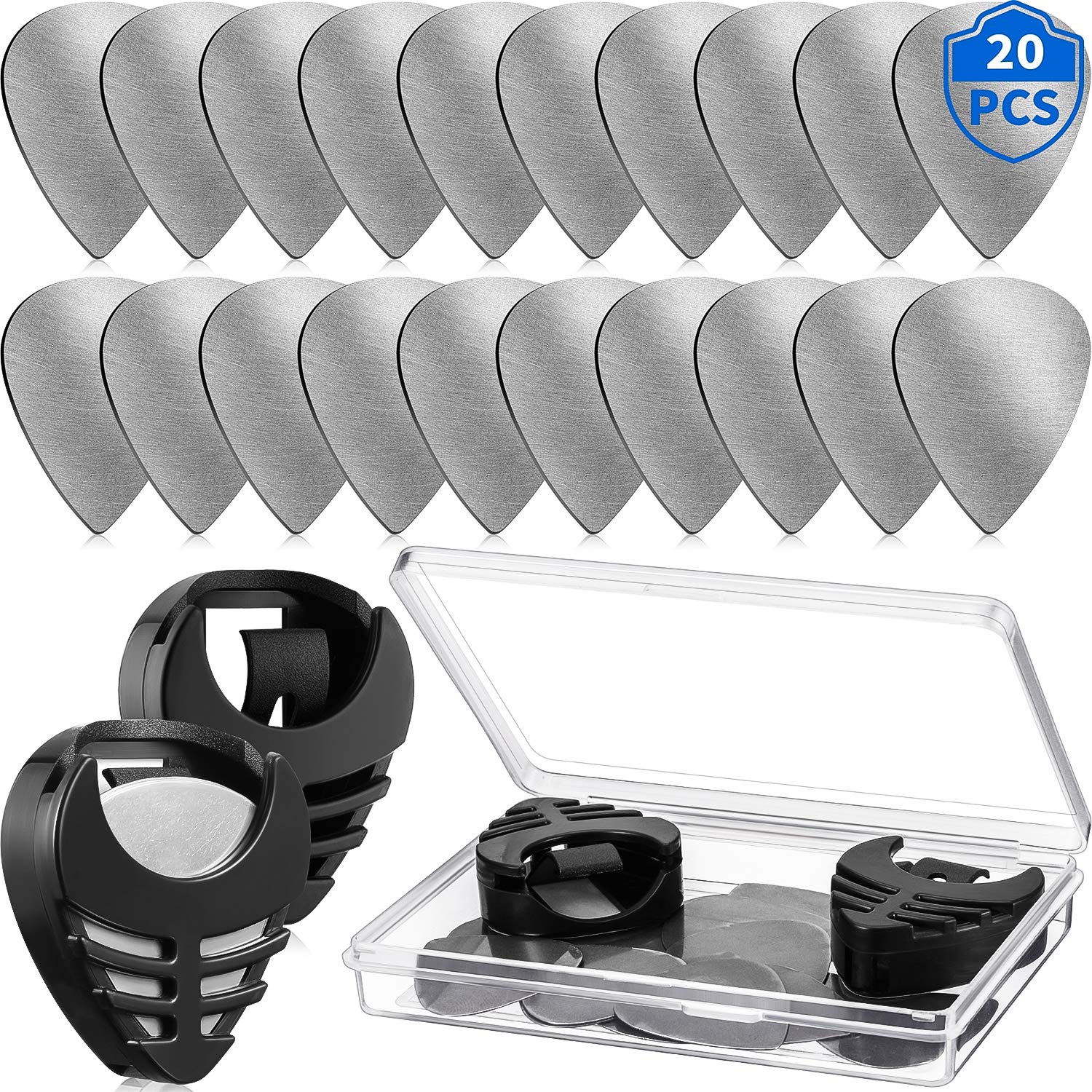 Frienda 20 Pcs Metal Guitar Picks with 2 Pick Holder, Storage Case