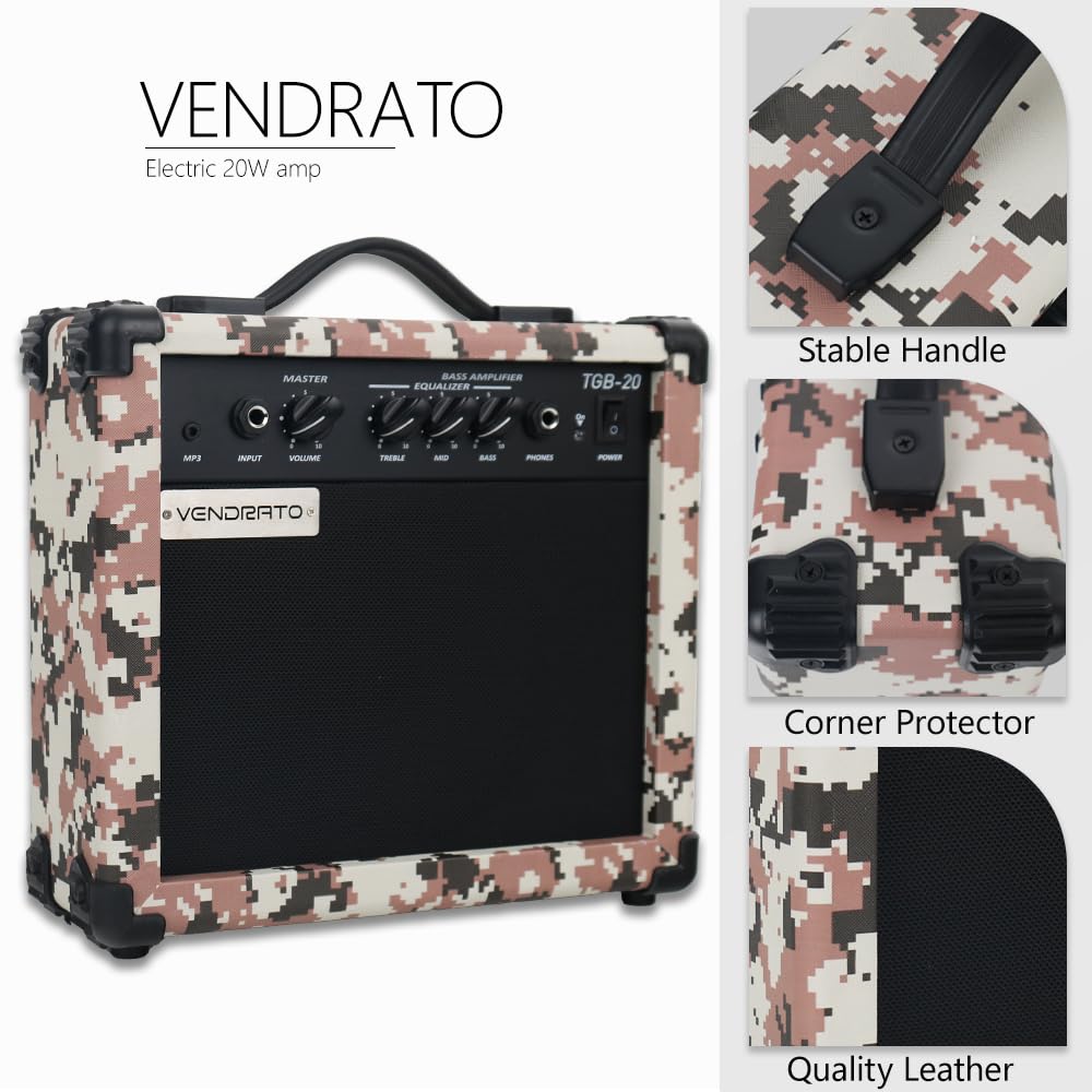 Electric Bass Guitar Amplifier 20W Amp Pixel Camo Color Aux Input Treble Middle Bass Headphone Power 6.5Inch Speaker Portable Size for Starter Beginner Practice Home and Outside