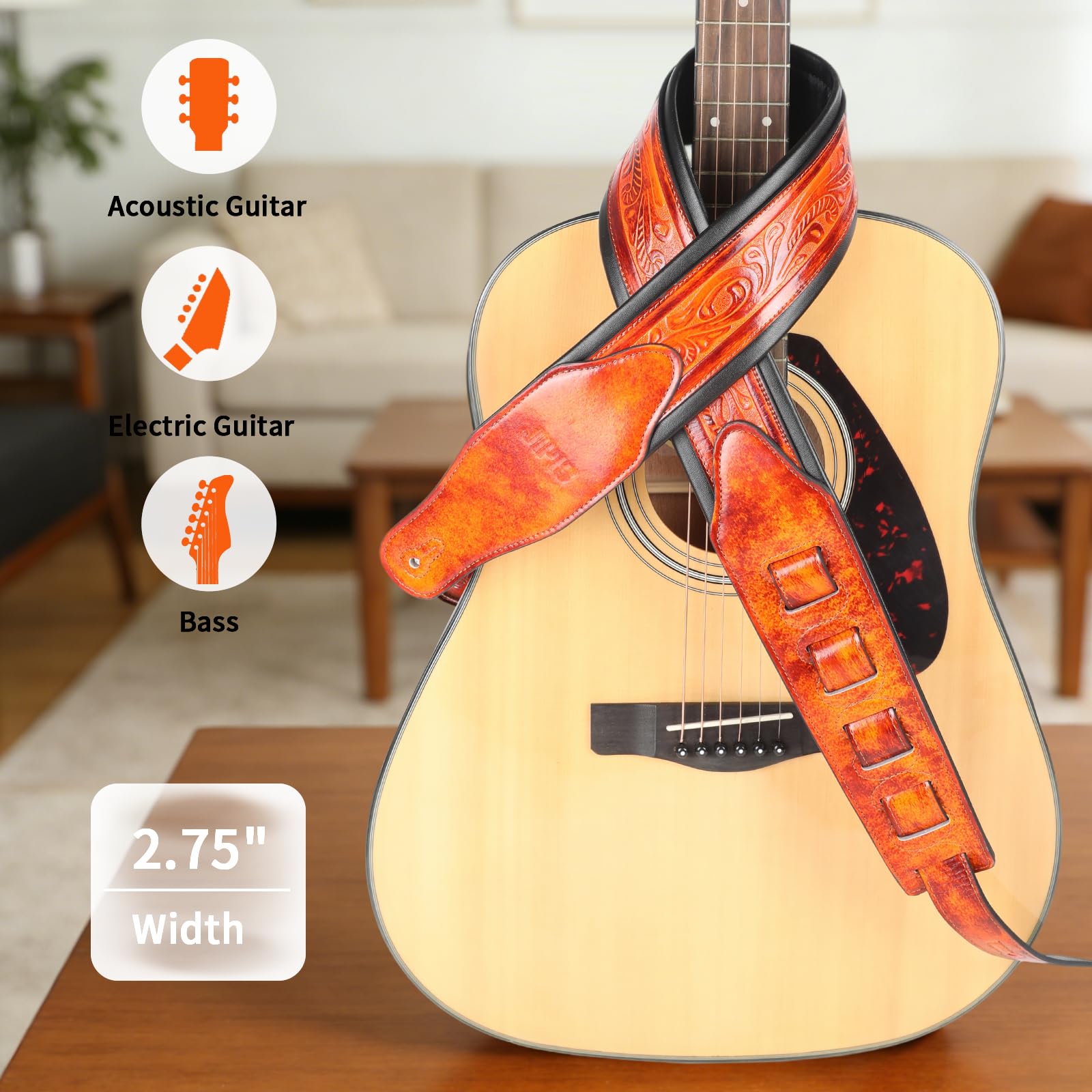 JIPIS Leather Guitar Strap,Vintage Bourbon Brown,2.75″ Handmade Padded Strap Classic Pattern for Bass,Electric&Acoustic Guitars (Light Bourbon Brown)